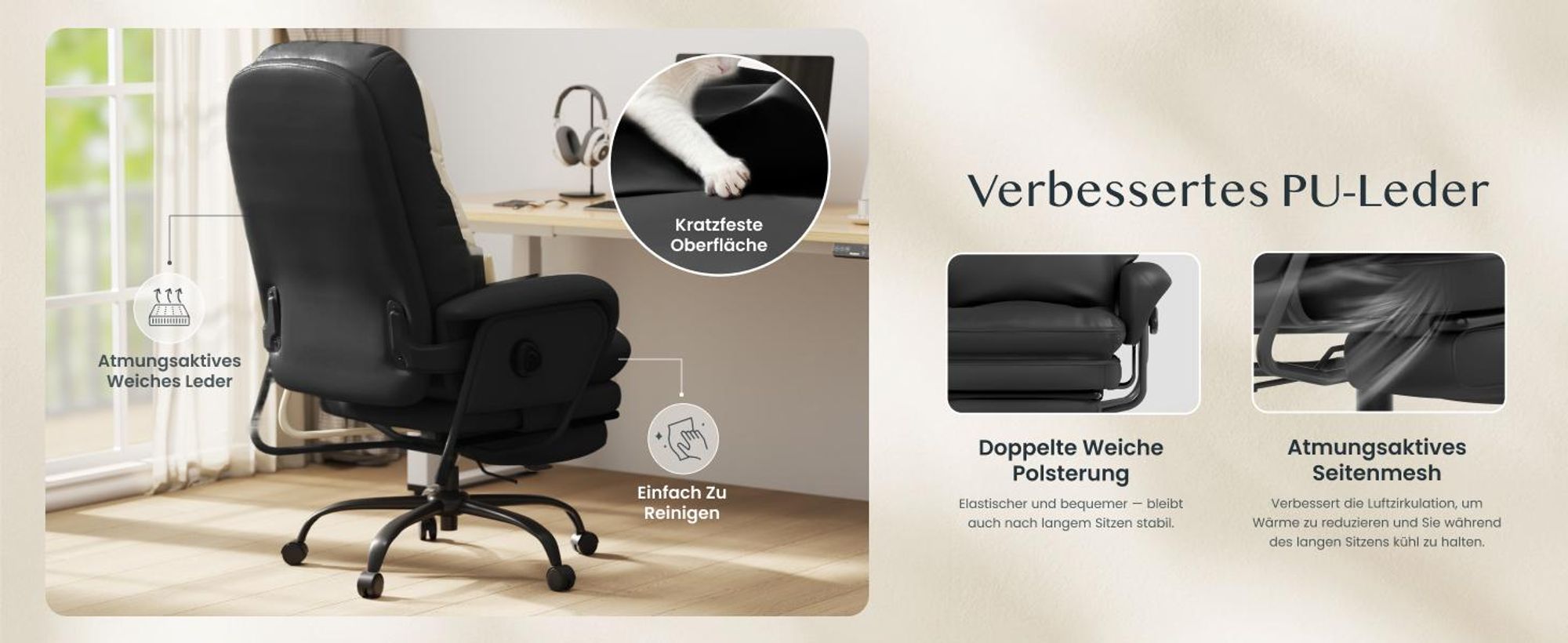 FLEXISPOT 3-in-1 Ergonomischer Bürostuhl mit 165° Liegefunktion, Ausziehbarer Fußstütze, Dickem Komfortpolster und Höhenverstellung (Schwarz)