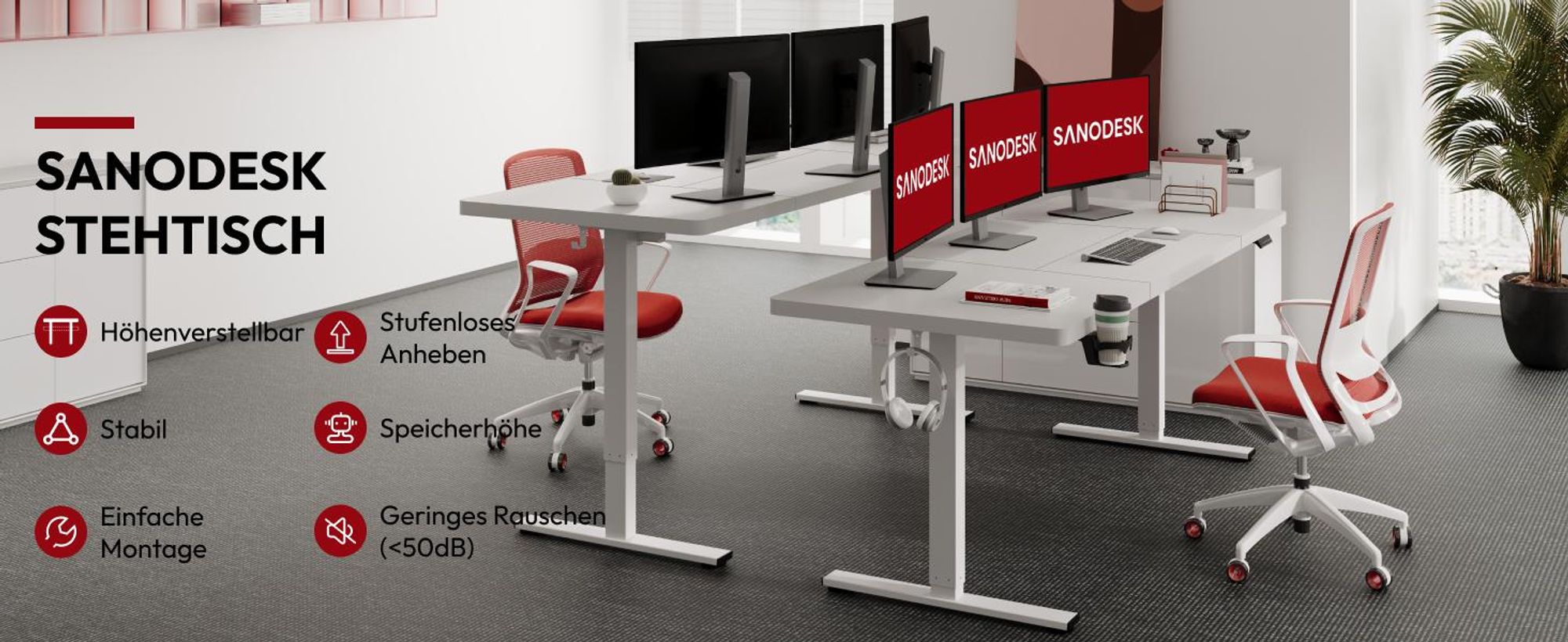 SANODESK Höhenverstellbarer Schreibtisch 200x80cm elektrisch 4 Memory-Funktion, Antikollisionsschutz, 70kg Tragkraft, mit Haken und Ablagebox (Weiß)