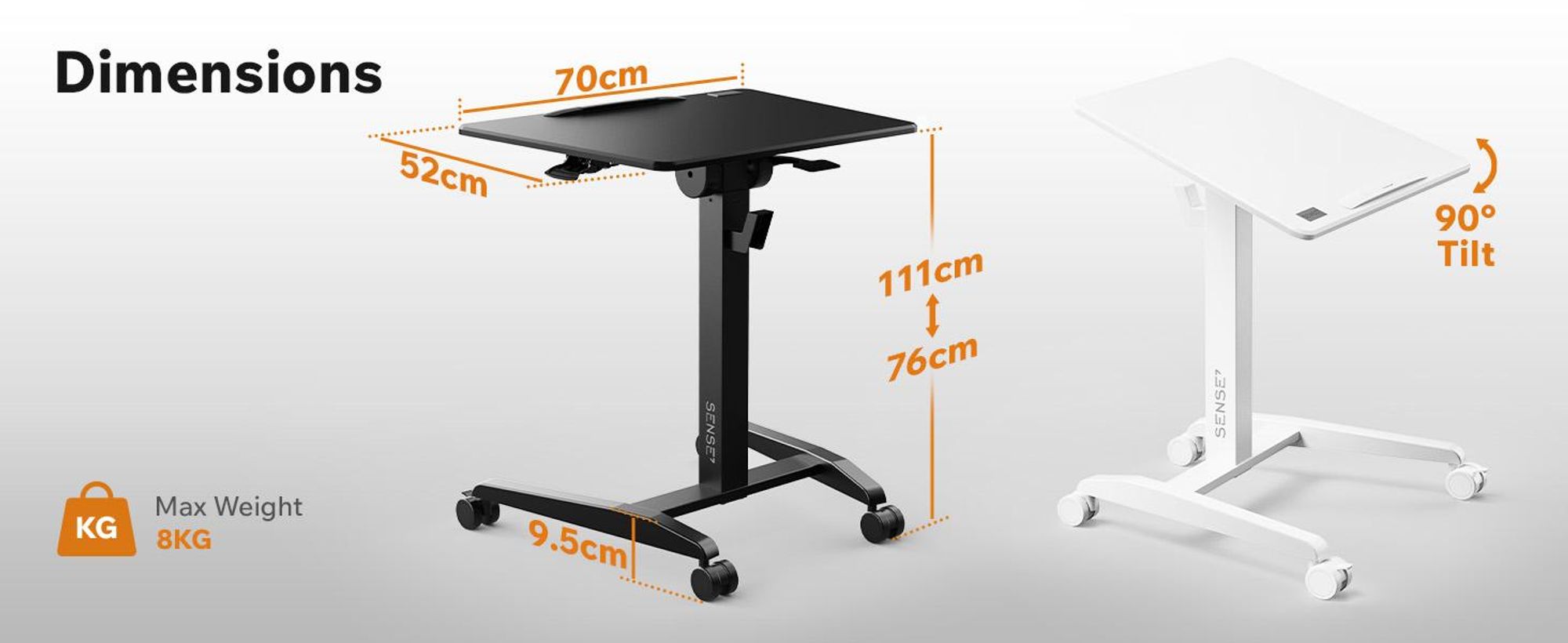 SENSE7 Stôl na kolieskach Mobilný stôl Sklopná doska stola Výškovo nastaviteľná Veľká pracovná plocha Moderný a minimalistický 70 x 52 cm biely