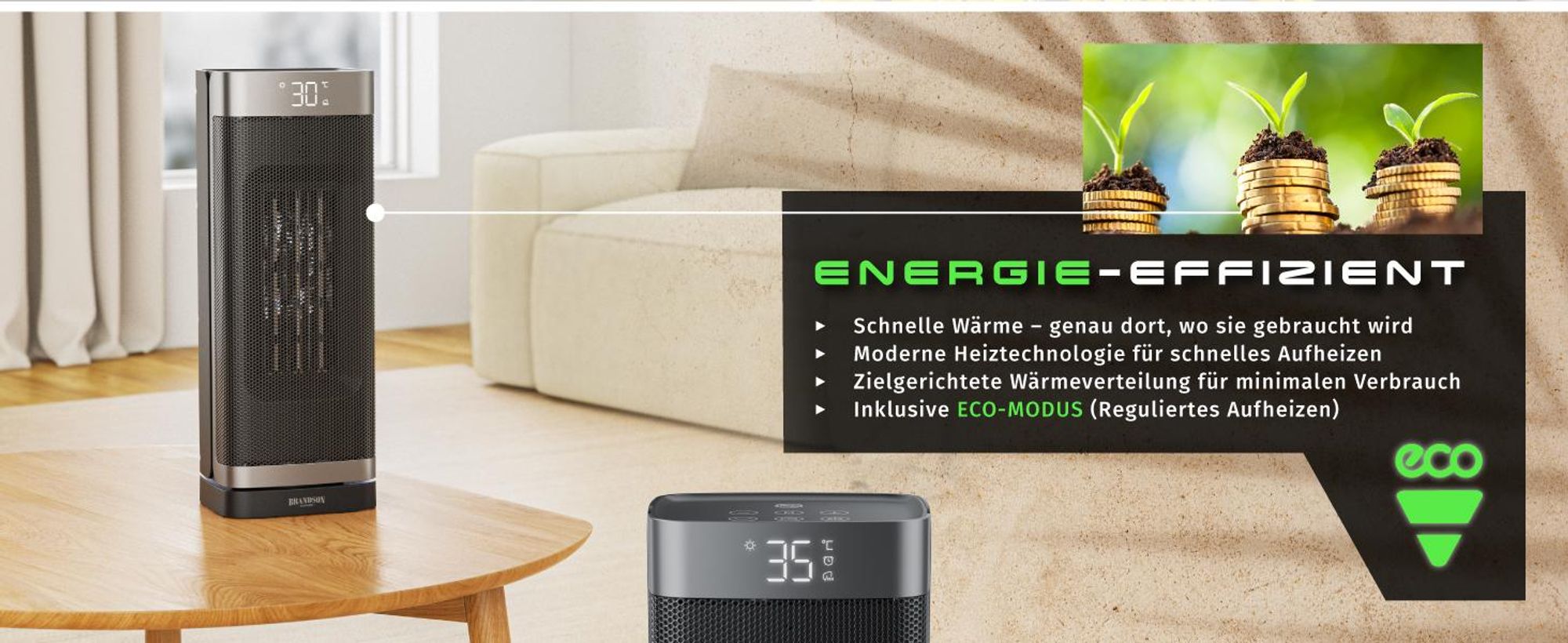 Brandson Heizlüfter 2000W, Keramikheizlüfter, Heizgerät, Timer, Oszillation 70 Grad, Fernbedienung, ECO-Modus, energiesparend, 10-35°C, LED-Display, Preisträger 2025