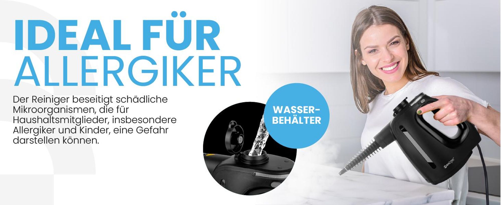 MalTec Dampfreiniger Hochdruckreiniger 1350W Handgerät für Fenster Polstermöbel Fuge 3 bar