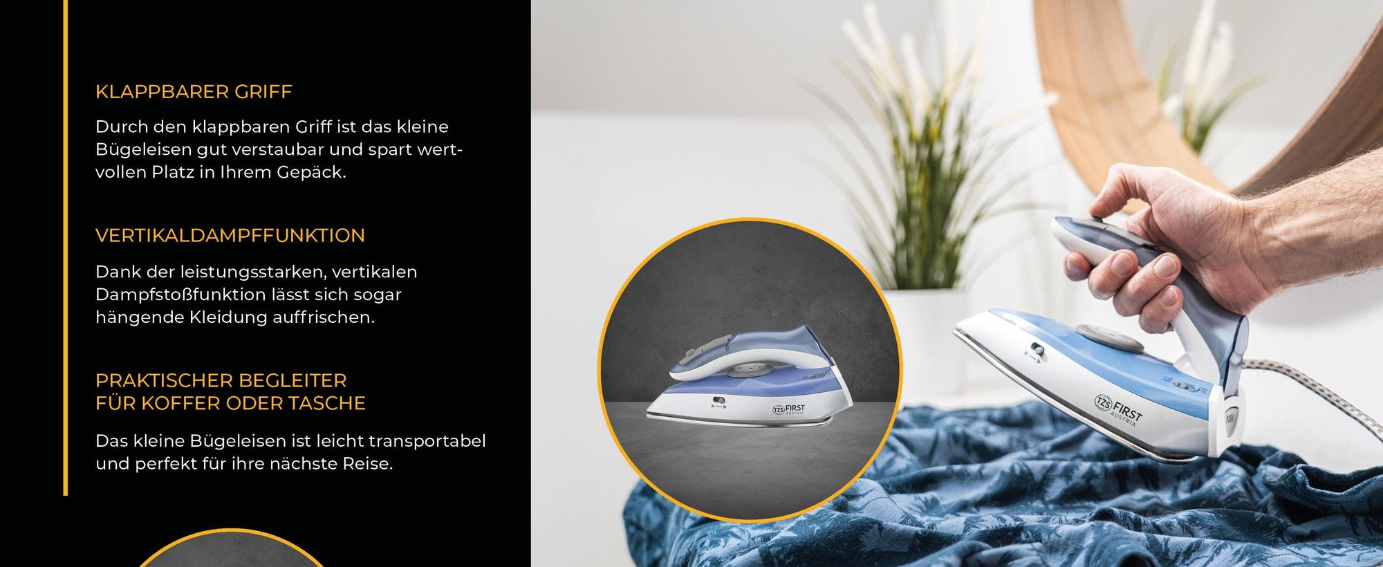 TZS First Austria Reisebügeleisen, mini Bügeleisen mit Klappgriff - 60 ml Wassertank, 100-240V, Dampfbügeleisen