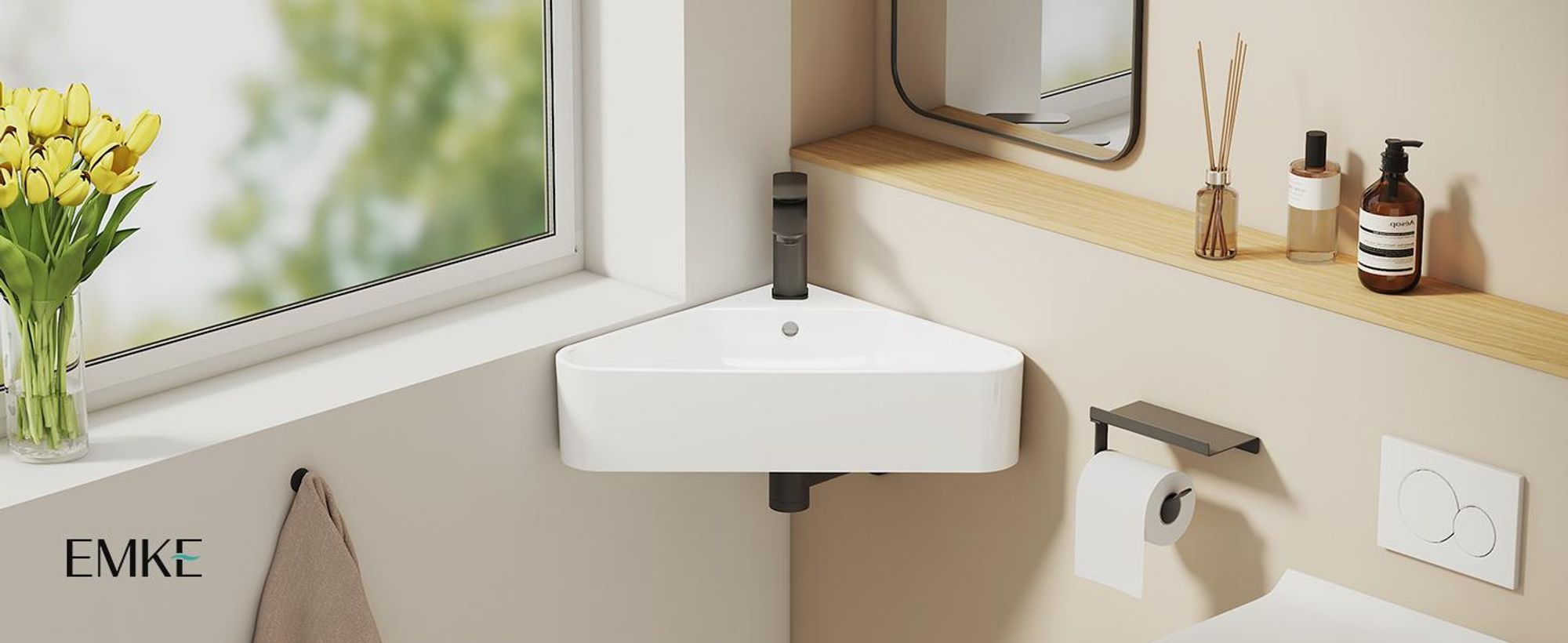 EMKE Lavabo angolare a parete in ceramica 560x340 mm Bianco lucido Lavabo triangolare a parete con troppopieno e foro per rubinetto per WC ospiti e bagni piccoli