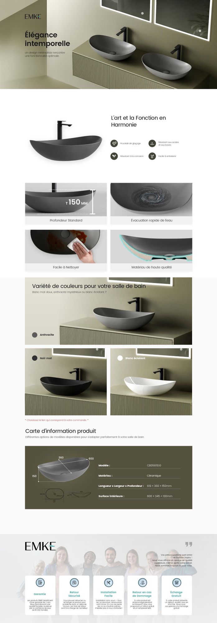 EMKE lavabo en céramique - vasque à poser ovale en gris mat 615 x 360 x 155 mm idéal pour robinetterie haute