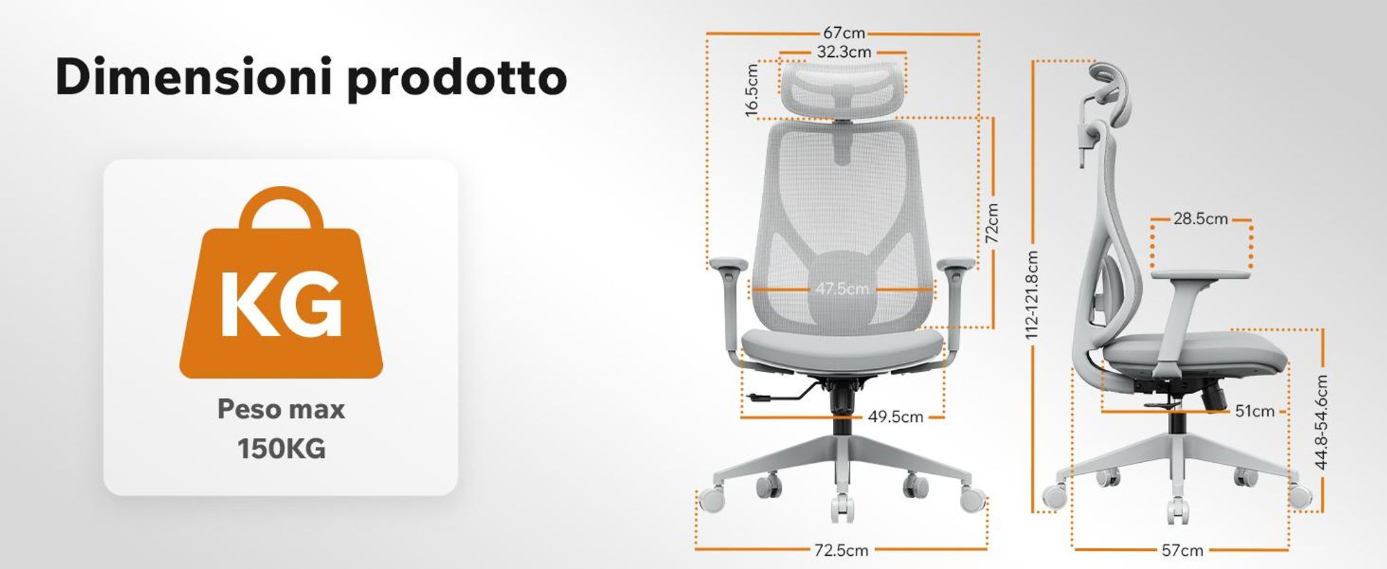 SENSE7 Moyo Sedia da ufficio ergonomica Sedia da scrivania Grigio Braccioli 3D Schienale in rete Supporto lombare Sedia direzionale Sedia per home office e PC 150 kg