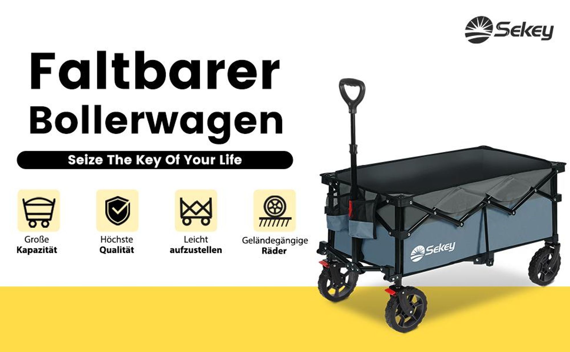 Sekey Bollerwagen faltbar 150 kg mit Bremsen, klappbarer Handwagen für Garten und Ausflug, Blau