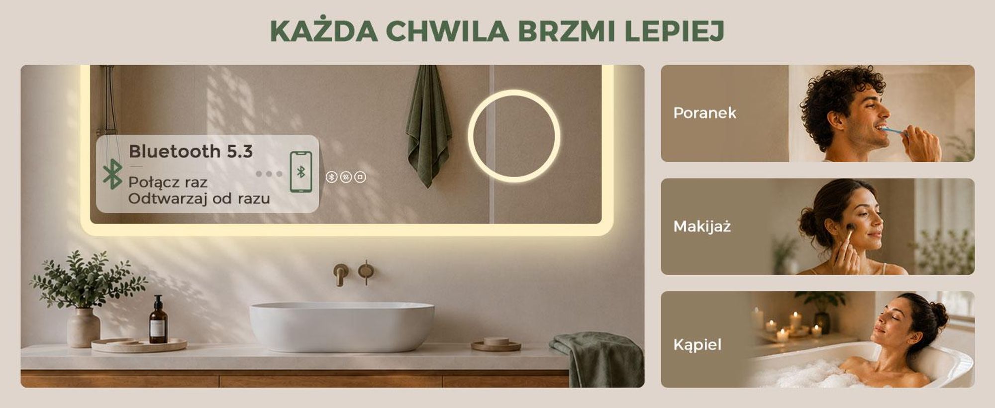 S'AFIELINA Lustro łazienkowe LED z Bluetooth 5.3, 120 × 60 cm, Lusterko 3×, funkcja antyparowa, 3 barwy światła, ściemnianie, dotyk & pamięć