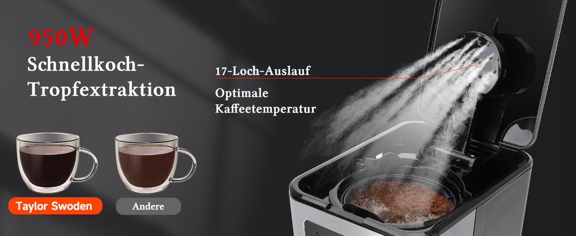 Taylor Swoden - Kaffeemaschine mit Timer,1.5L Filterkaffeemaschine 12 Tassen, Abschaltautomatik, Tropf-Stopp, 950W