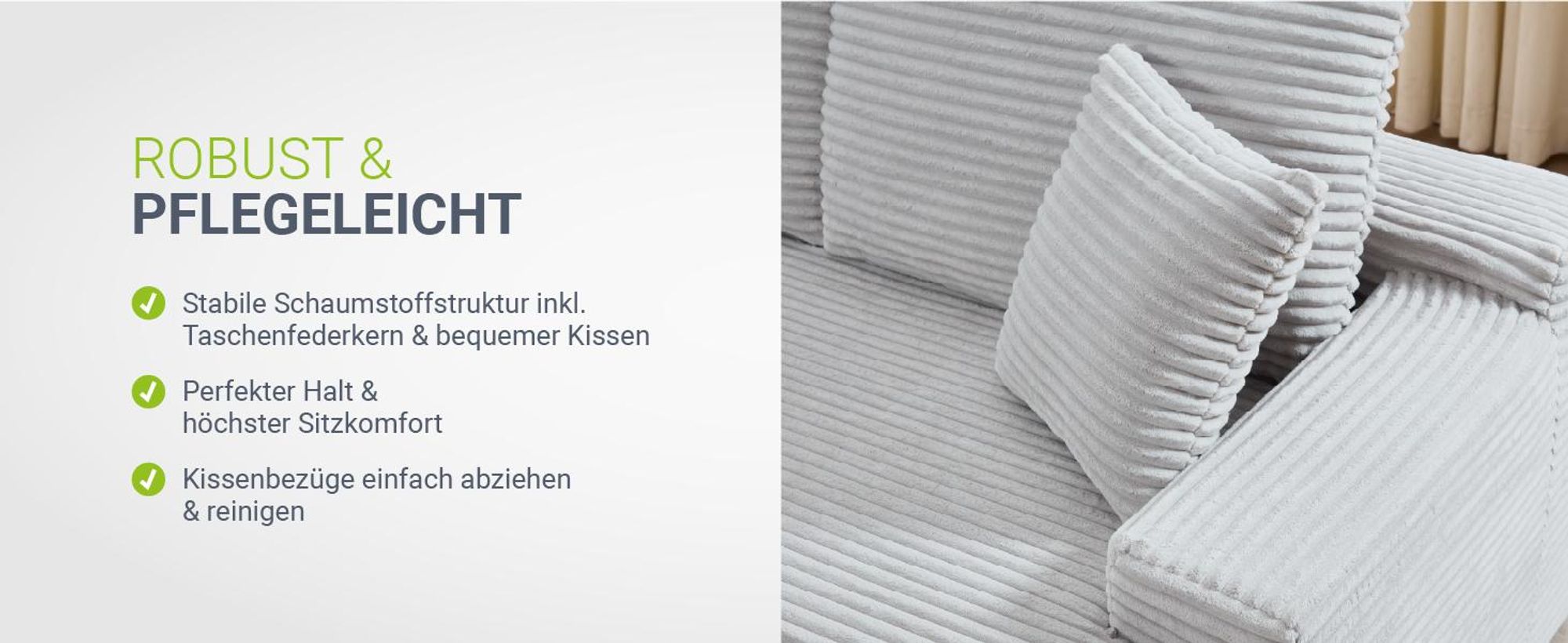 Juskys Sofa Coredo - Hellgrau, moderne Couch aus Cord mit Kissen, Ottomane links