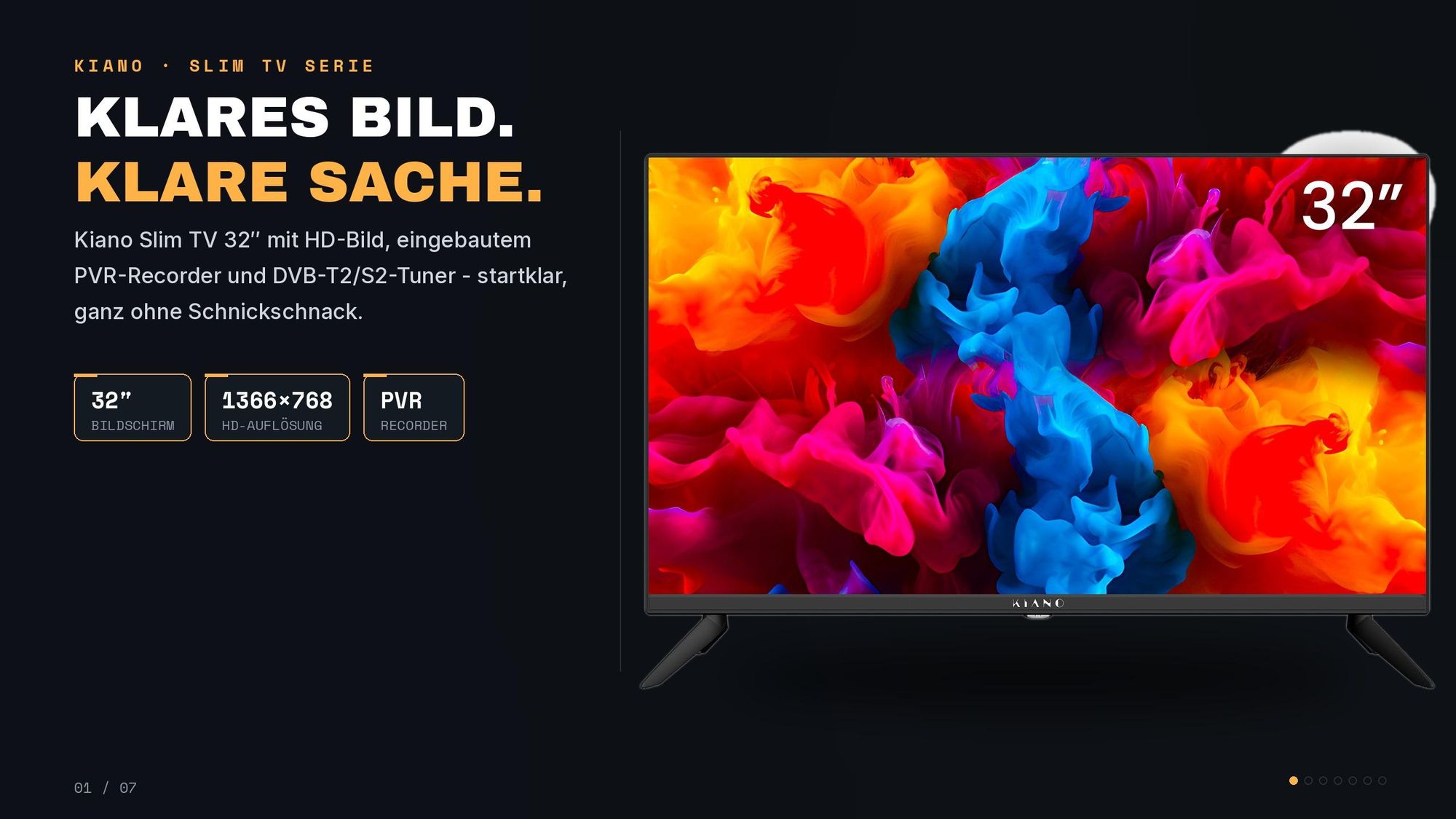Kiano Fernseher 32 Zoll (81,3 cm) LED HD Ready - DVB-T2/S2 - PVR USB Aufnahme - Dolby Digital Plus - 3x HDMI - VESA 100x100 - ohne Smart TV