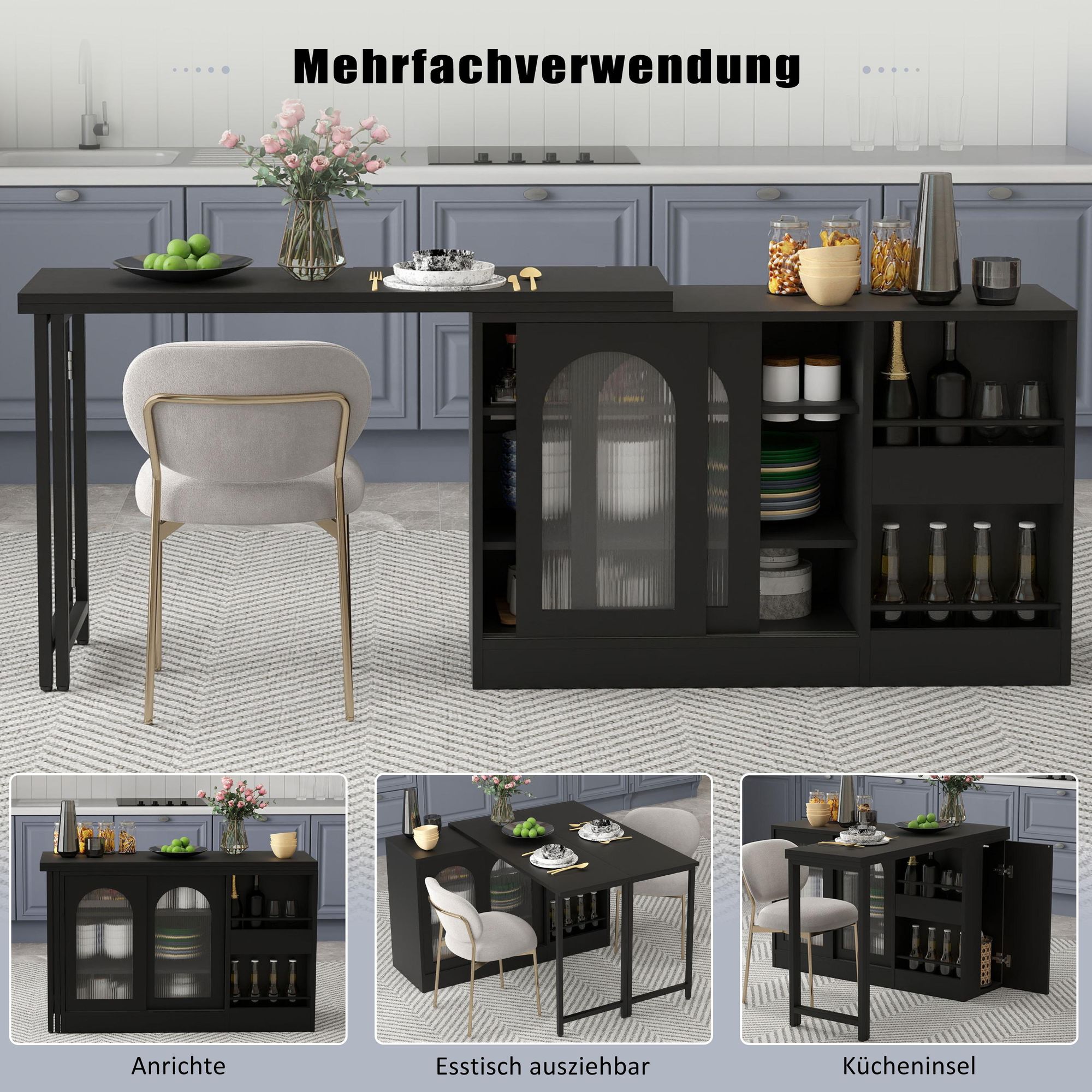 Flieks Esstisch ausziehbar, 360° drehbare Bartisch mit Stauraum, Küchentisch Kaffeebar mit Schrank, reversibel Tisch Sideboard, Schwarz