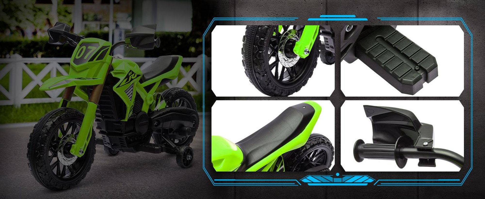 AIYAPLAY Elektryczny motocykl dziecięcy Elektryczny motocykl z klaksonem, elektryczny motocykl dziecięcy 3 km/h z 2 kółkami bocznymi dla dzieci w wieku 3-8 lat, zielony