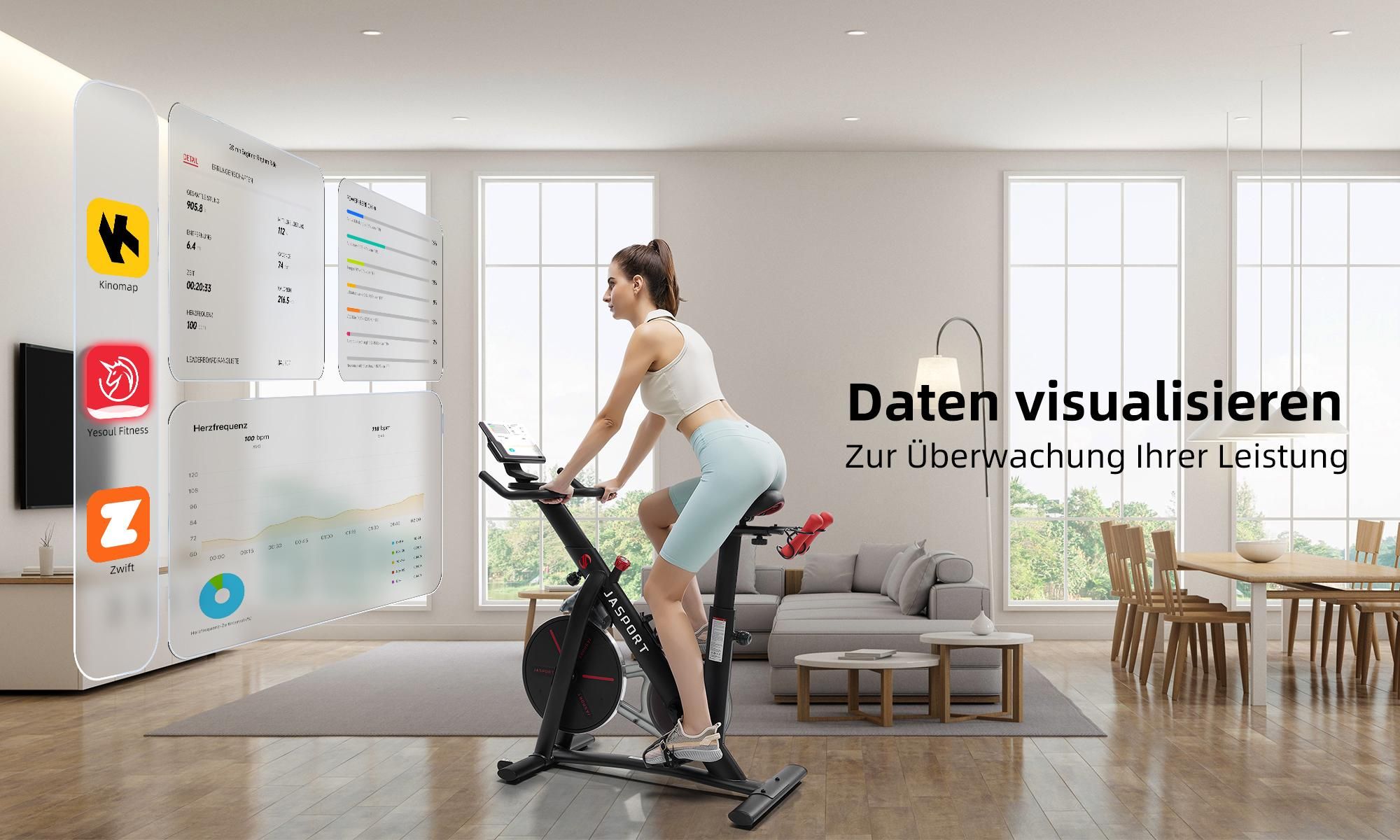 JASPORT Smart Indoor Speedbike S3, leiser Heimtrainer mit Magnetbremssystem, kompatibel mit Kinomap & Zwift, App mit Trainingskursen