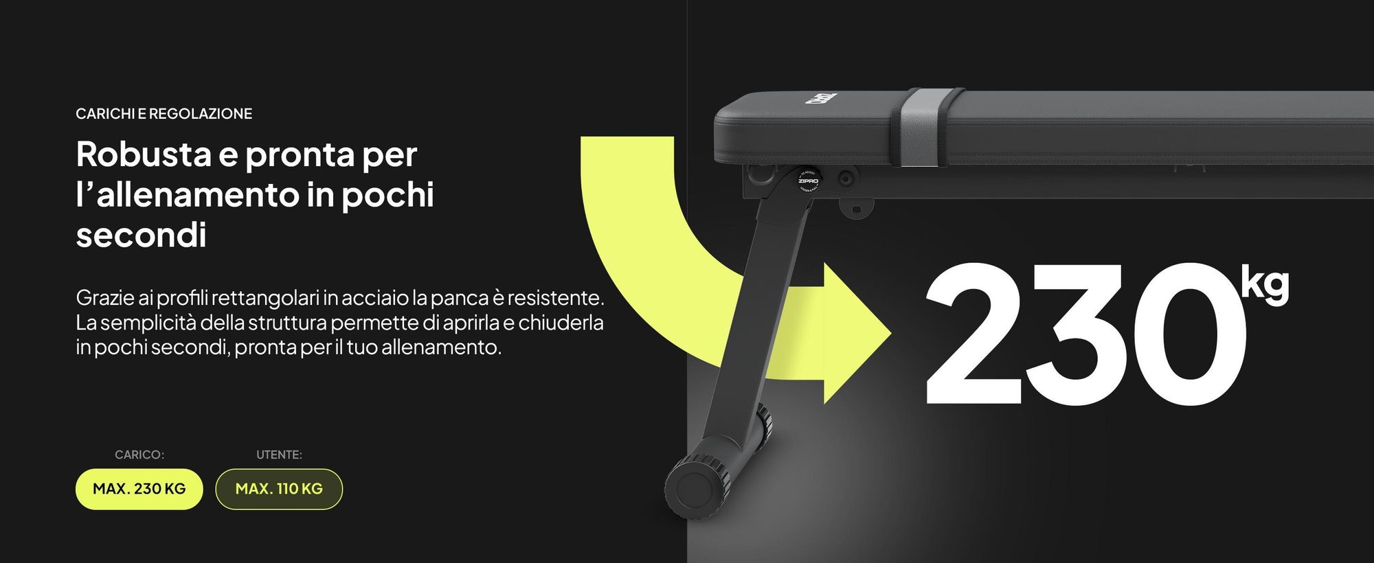 Panca piana Zipro Plank – Panca fitness pieghevole per la casa Ultracompatta con maniglia per il trasporto Resistente fino a 230 kg Panca da allenamento per manubri e hip