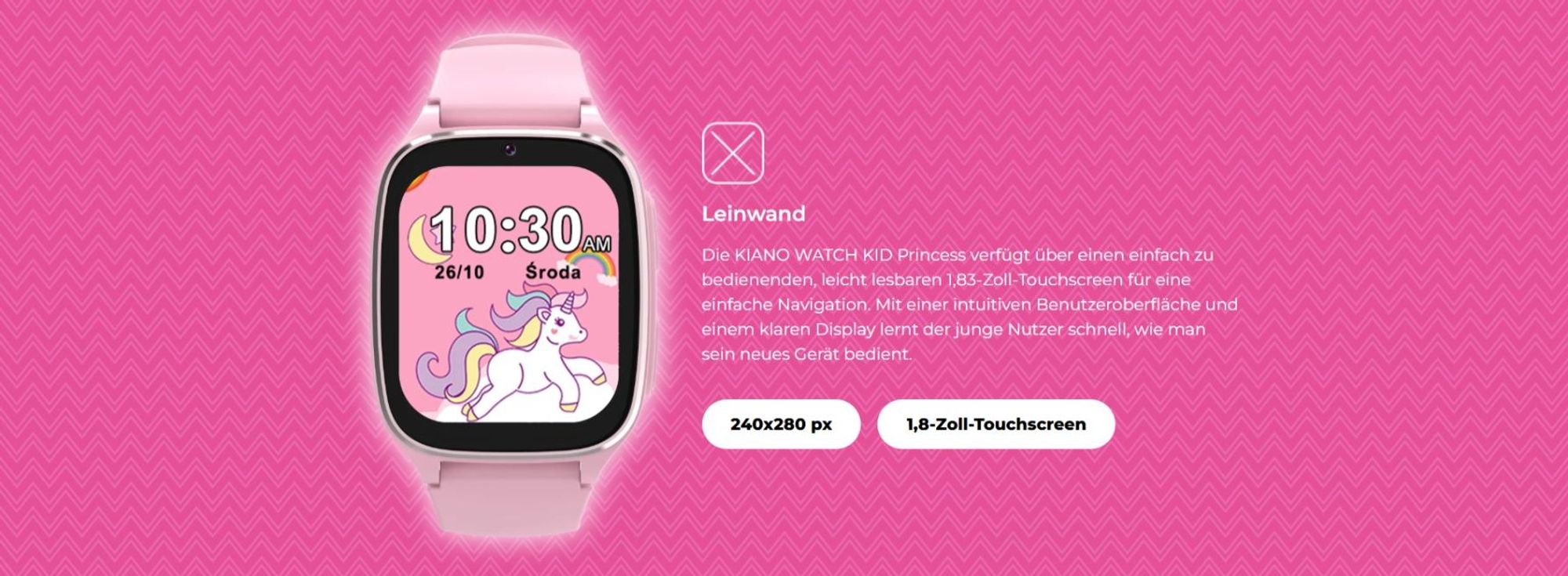 Smartwatch Kiano Watch KID 4G LTE Princess - Kinderuhr mit rosa Armband | Uhr mit Zifferblatt mit Märchenmotiven | GPS, AGPS, LBS, WIFI