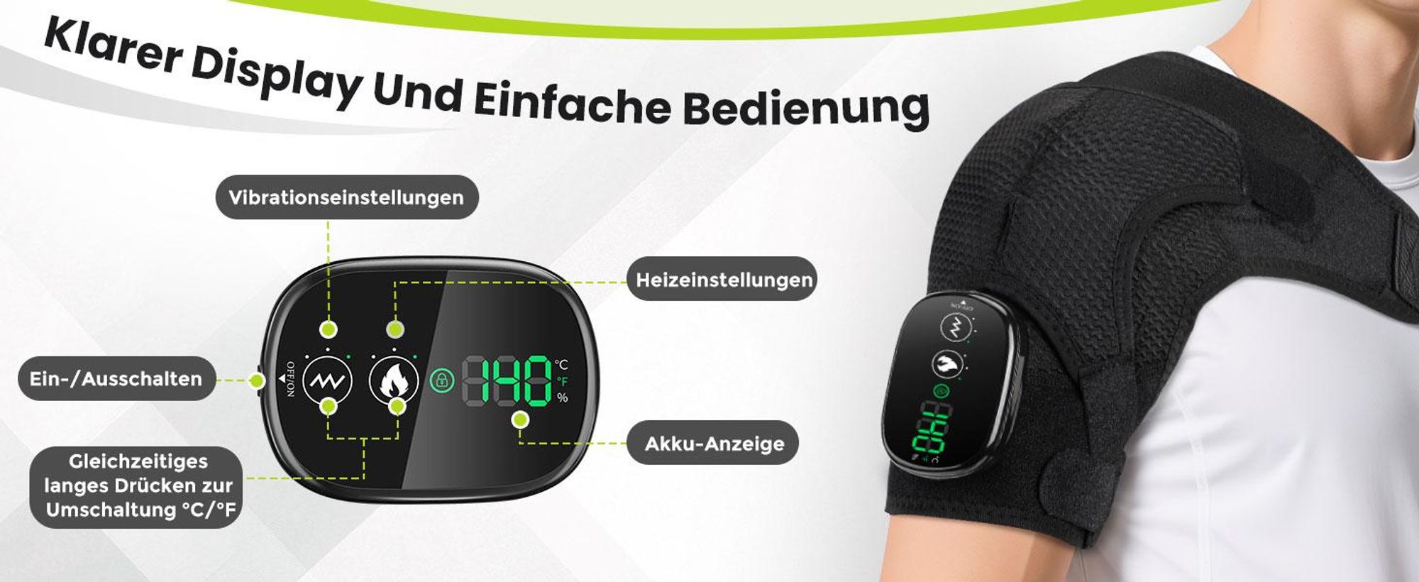 Schulterbandage,Kabellose Beheizte Schultermassageauflage,Schulterbandage Mit 3-Stufiger Wärme- Und Vibrationsfunktion,Touchscreen-Steuerung,5000mAh