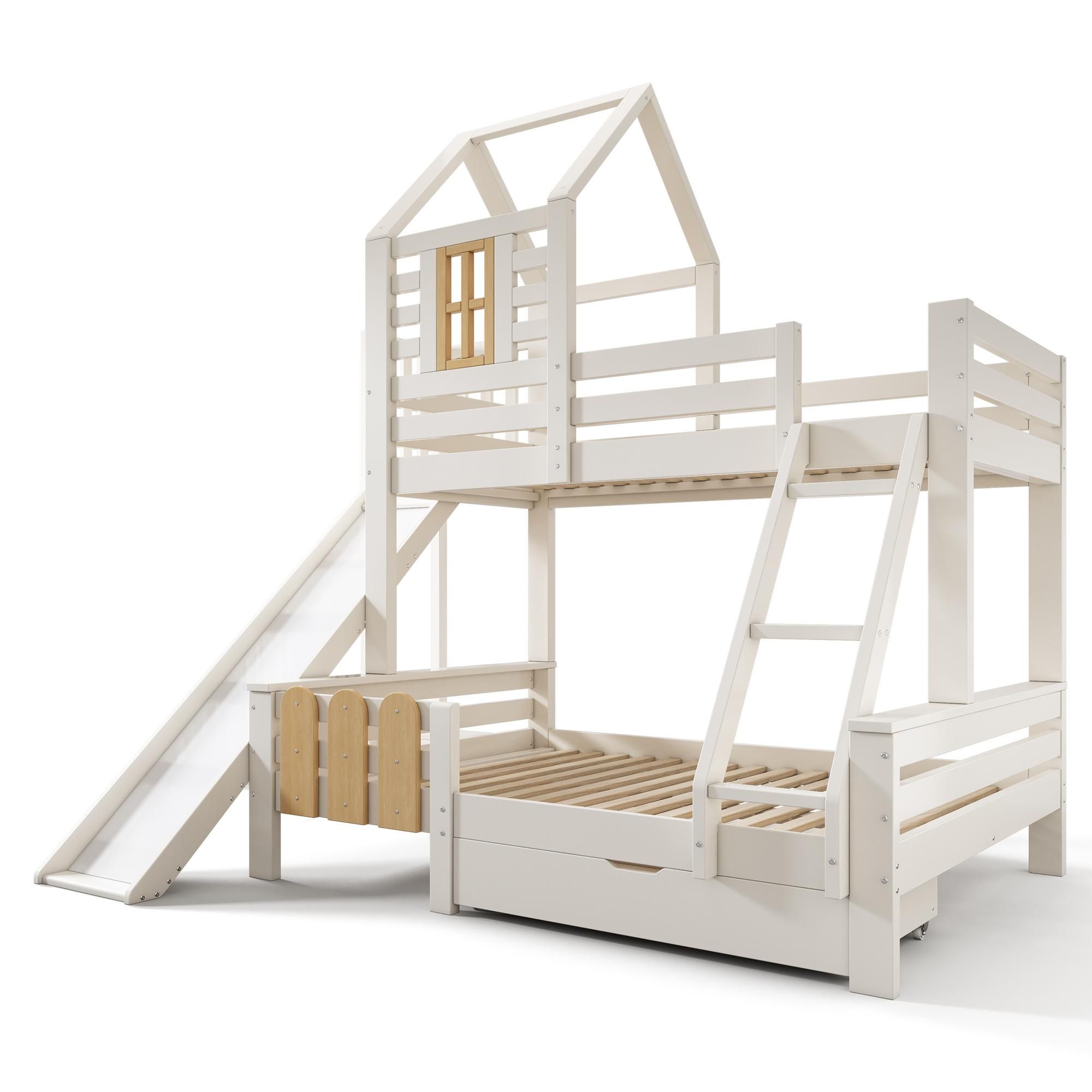 Flieks Etagenbett 90x200cm/140x200cm, Kinderbett Hausbett mit Rutsche, Hochbett mit Schublade, Stockbett Holzbett mit Lattenrost, Weiß
