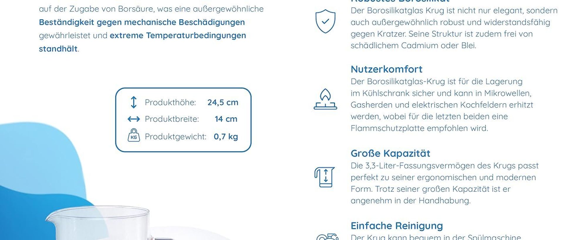 Wessper – 3 l Glaskaraffe – hitzebeständiger Krug aus Borosilikatglas für Wasser, Tee, Saft und Eisgetränke