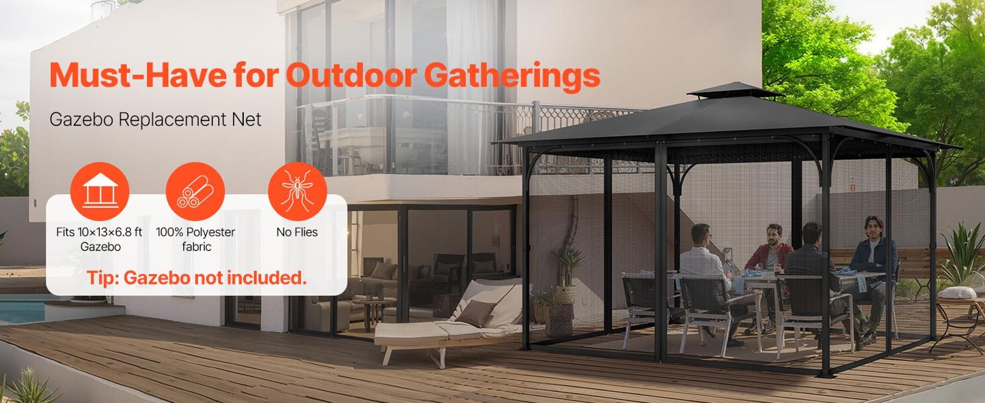 VEVOR Moskitonetz für Pavillon, Mückennetz, passend für 304,8x396,2x207,3 cm große Pavillons, Insektenschutz, 4-teiliger Seitenwand-Pavillonvorhang