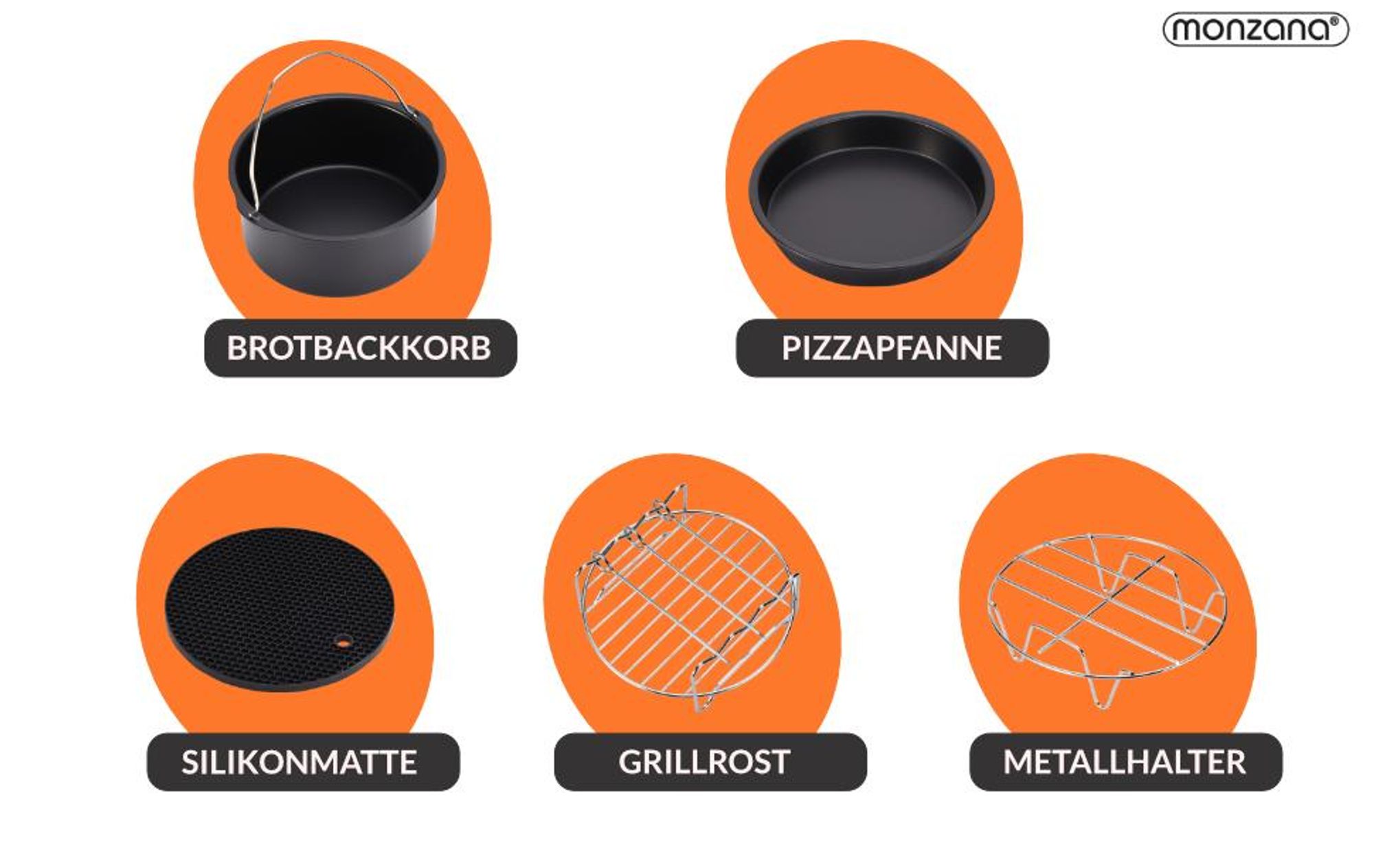 MONZANA® Heißluftfritteuse Zubehör 8tlg. Fritteuse Set inkl. Brotbackkorb 3,6L Pizzapfanne Silikonpfanne Grillrost Spieße