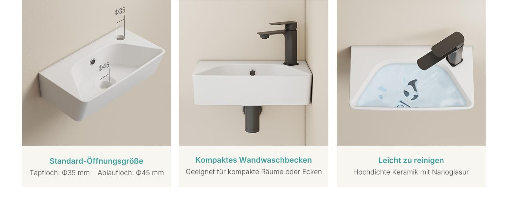 EMKE Wandwaschbecken Keramik Rechteckig 400x225mm Weiß Glänzend Modernes Hänge Waschbecken mit Armaturloch & Überlauf für Gäste-WC & kleines Bad