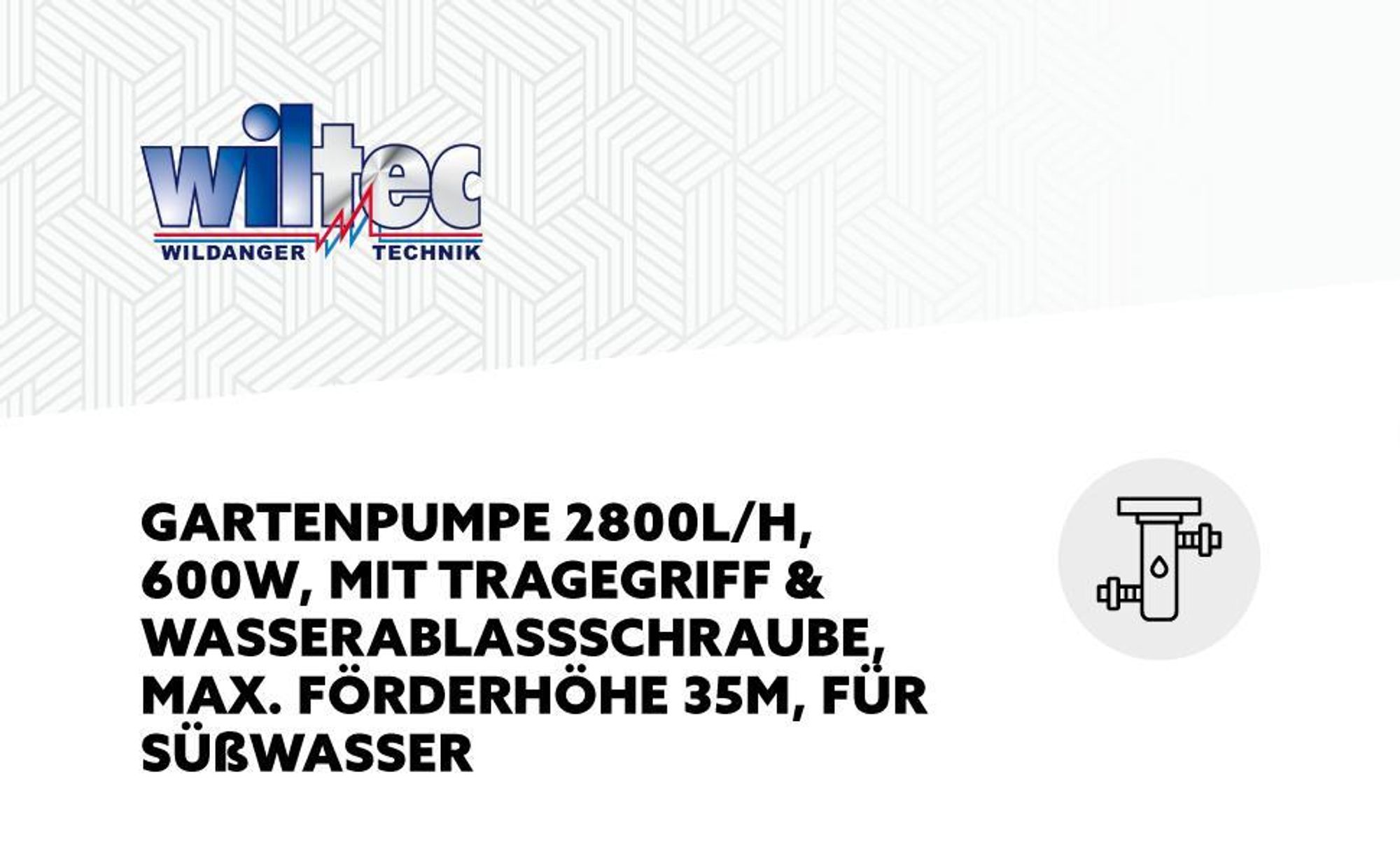 Wiltec Gartenpumpe 2800l/h, 600W, mit Tragegriff & Wasserablassschraube, max. Förderhöhe 35m, für Süßwasser Hauswasserwerk Wasserpumpe Bewässerungspumpe Regenwasserpumpe