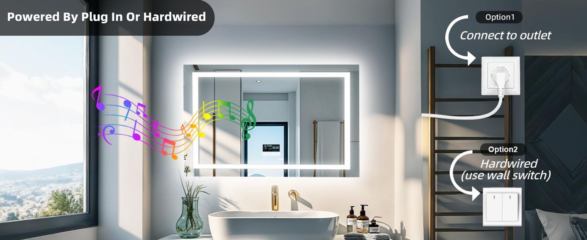 WISFOR LED Badspiegel mit Bluetooth Lautsprecher, 80x60cm Badezimmerspiegel mit Beleuchtung 3 Lichtfarbe, LED Wandspiegel dimmbar beschlagfrei