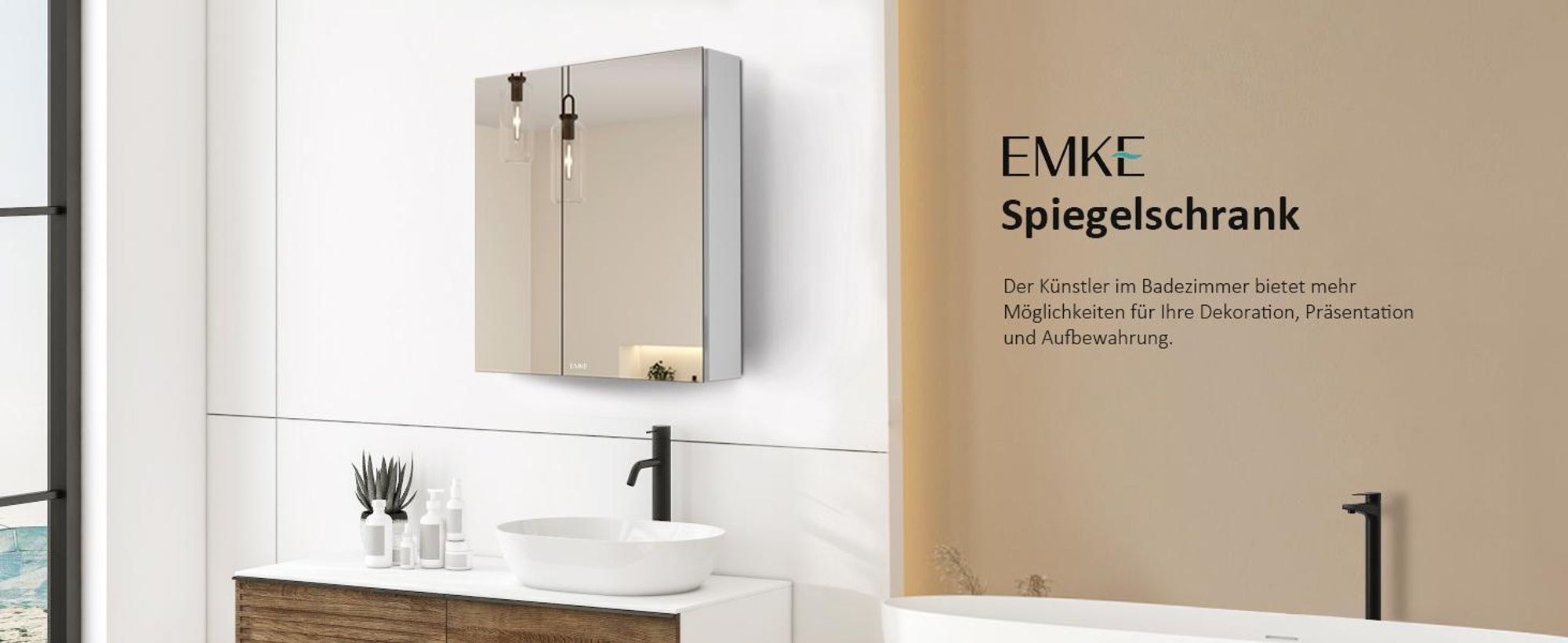 EMKE Spiegelschrank und Spiegellampen,60x65x14.5cm 2 Glasböden Weiß Badspiegelschrank und Weiß Wandleuchten Neutral Licht 4200k