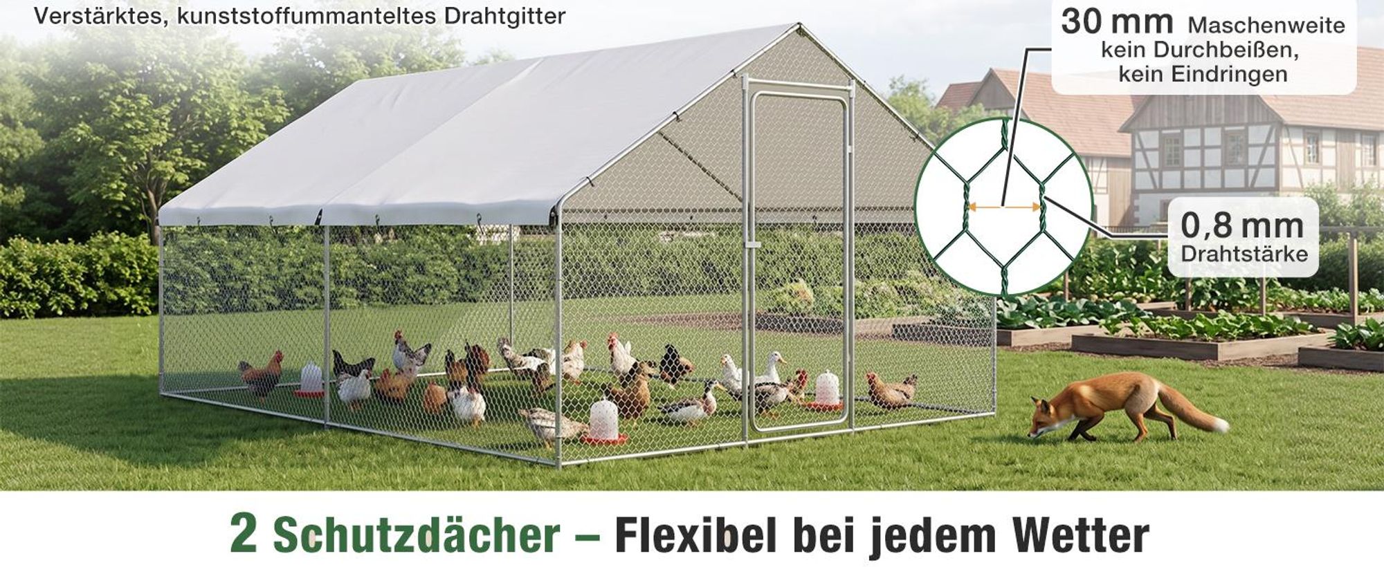 Sekey Hühnerstall Freilaufgehege XXL Stahl Voliere Hühnergehege 4x3x2m Kleintiergehege wetterfest für 18-24 Hühner Kleintiere Schloss Freigehege