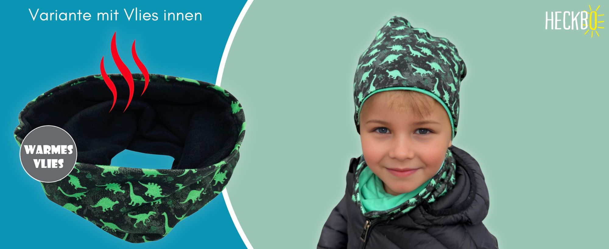HECKBO Kinder Jungen Beanie Mütze & Loop-Schal Set - Dinosaurier Dino - Wendemütze oder Wintermütze mit Fleece Vlies - 2-6 Jahren - 95% Baumwolle - weiches & pflegeleichtes Stretch-Material