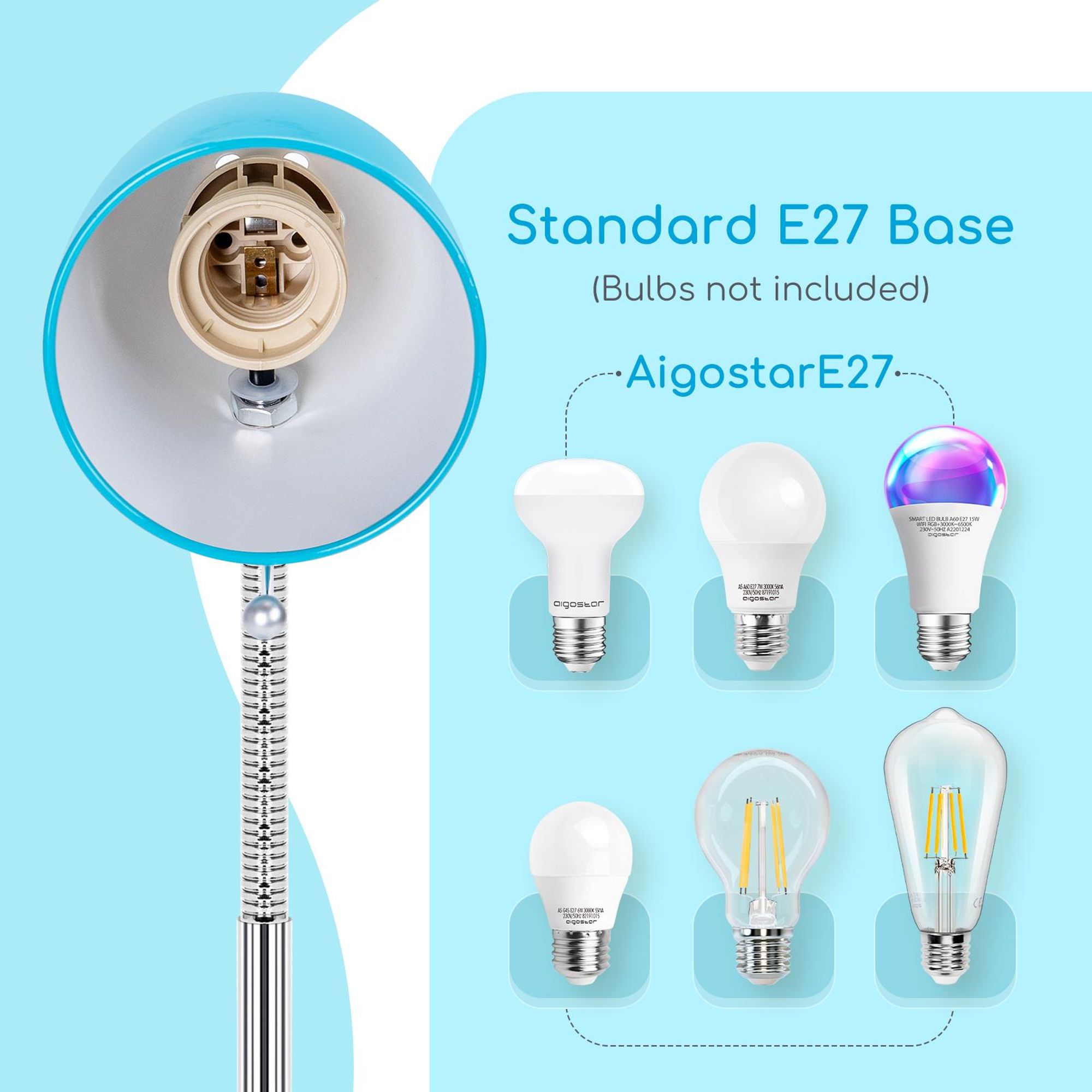 Aigostar schreibtischlampe kinder retro, tischlampe mit kabel, ohne glühbirne, passend für E27 modell glühbirne,nachttischlampe, blau