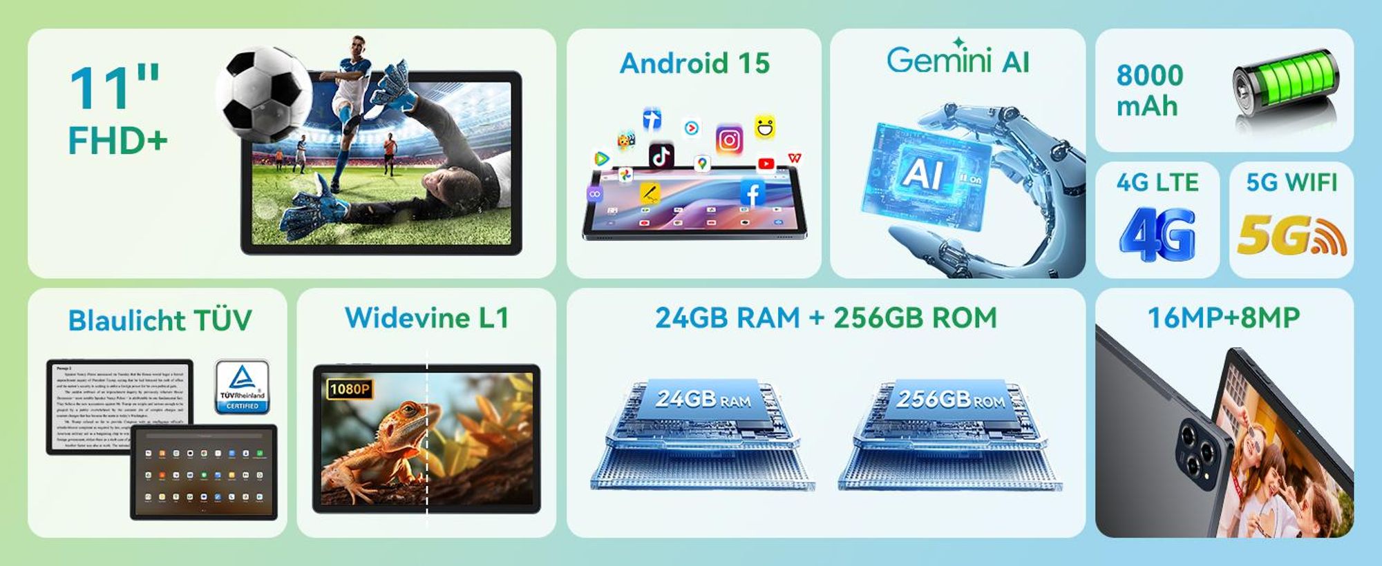 KINGRID W90 Tablet mit 4G LTE, 5G WIFI, 11 Zoll FHD+ Display, Android 15, Gemini-KI, 24GB+256GB, 4TB erweiterbar, 1080P, 16MP+8MP, 8000 mAh Akku