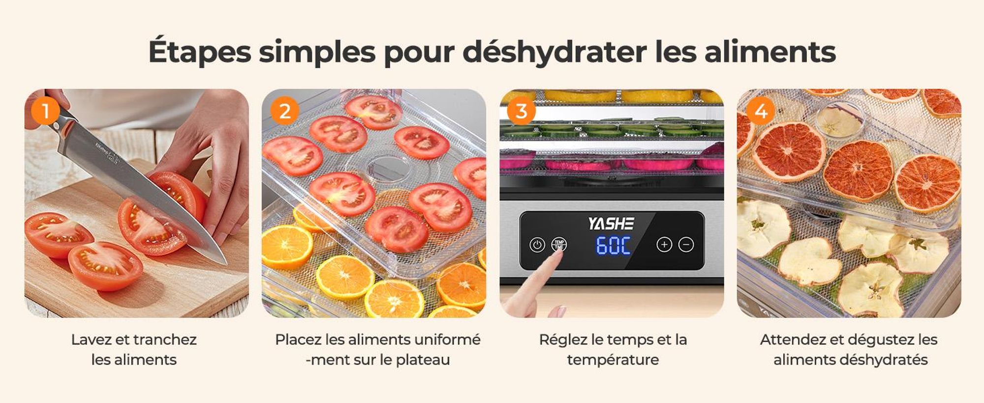 Déshydrateur YASHE FD-1019 5 grilles inox, 400 W, 35–70 °C