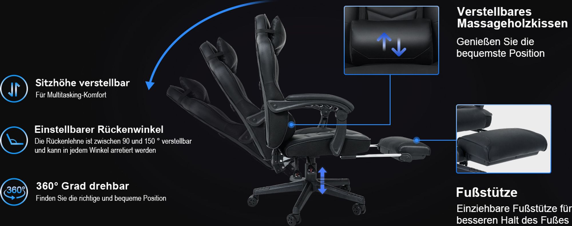 Puluomis Gaming Stuhl mit Massage und Fußstütze, Bürostuhl Chefsessel Schreibtischstuhl Racing Gamingstuhl ergonomischer Stuhl, Sportsitz Höhenverstellbarer Drehstuhl Computerstuhl , Inkl. Kopfstütze, Lendenkissen , MB bis 150Kg, (Schwarz)