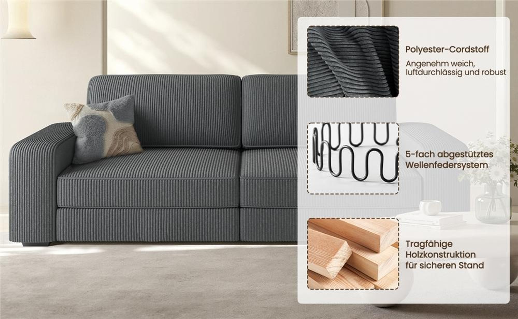 Yaheetech 3-Sitzer Sofa aus Cordstoff, 212 cm breit, Polstersofa mit Kissen &  Rückenlehne & Armlehnen, Dunkelgrau