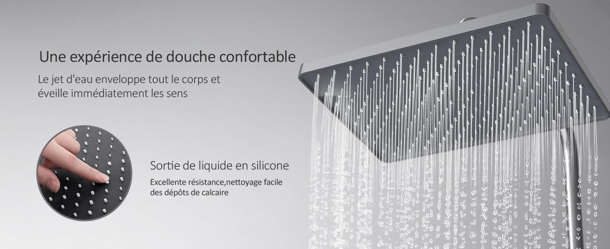 EMKE Système de douche avec thermostat tablette en verre douchette 3 jets douche à effet pluie, robinetterie de salle de bains & douche, KTW, gris - F09