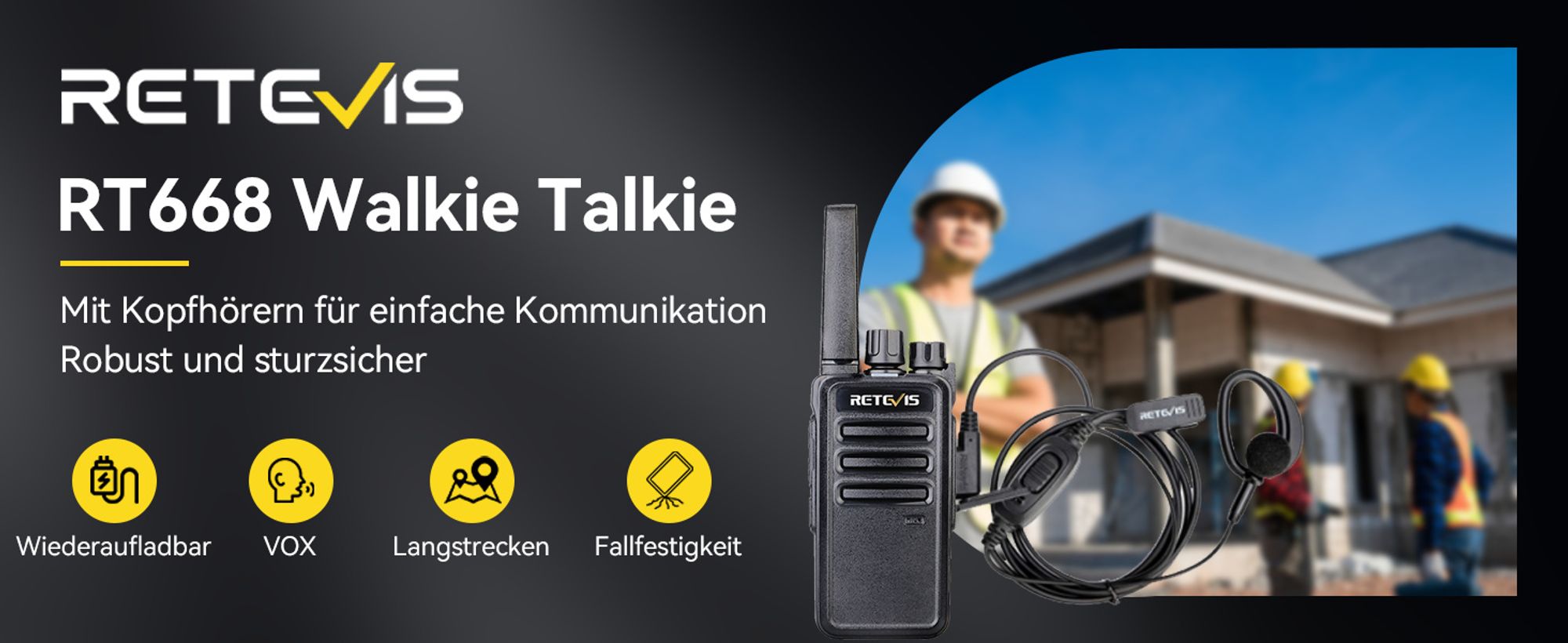 Retevis RT668 Funkgeräte Set mit Headset, PMR446 Lizenzfrei, VOX Squelch, Wiederaufladbares Walkie Talkie, 16-Kanal-CTCSS / DCS-TOT-Scan, Funkgerät für Schule, Sicherheit, Baustelle(Schwarz, 4 Stück)