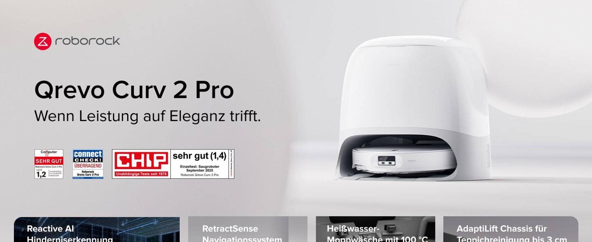Roborock Qrevo Curv 2 Pro Staubsauger Roboter, 25.000 Pa Saugroboter mit Wischfunktion und Wischmopp-Hebefunktion, 100 °C Moppwäsche mit heißem Wasser