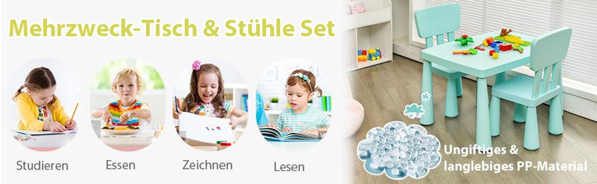 COSTWAY 3 tlg. Kindersitzgruppe, Kindertischgruppe, Kindertisch mit 2 Stühlen, Kindermöbel aus Kunststoff, Kinder-Tischset für Kinderzimmer Grün
