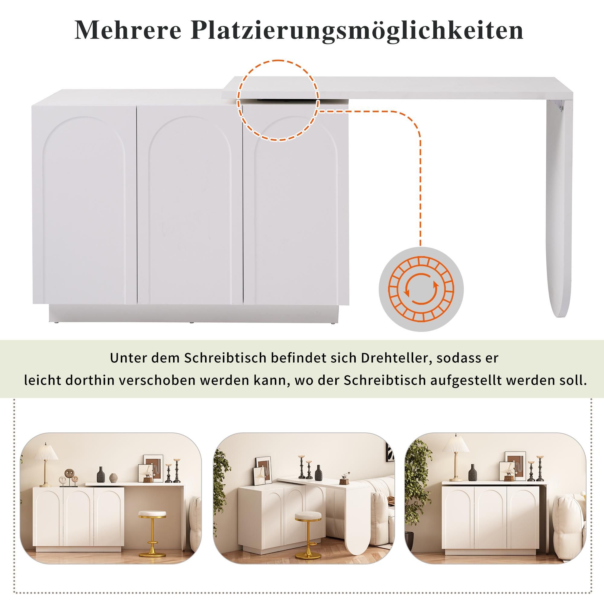 Merax Eckschreibtisch, L-förmig drehbar Arbeitstisch, Eck-Computertisch mit Drei Türen, Frisiertisch, Sideboard, 110 x 40 x 75 cm, Weiß