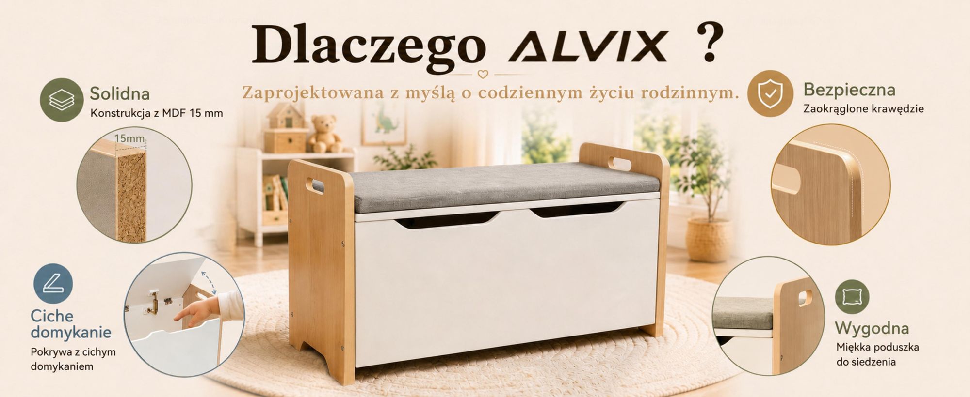 ALVIX Spielzeugtruhe NESTA 1 Kinderbank mit Stauraum,Spielzeug Aufbewahrung,Spielzeugkiste mit Soft-Close-Deckel,Sitzbank für Kinderzimmer,83x40×48 cm