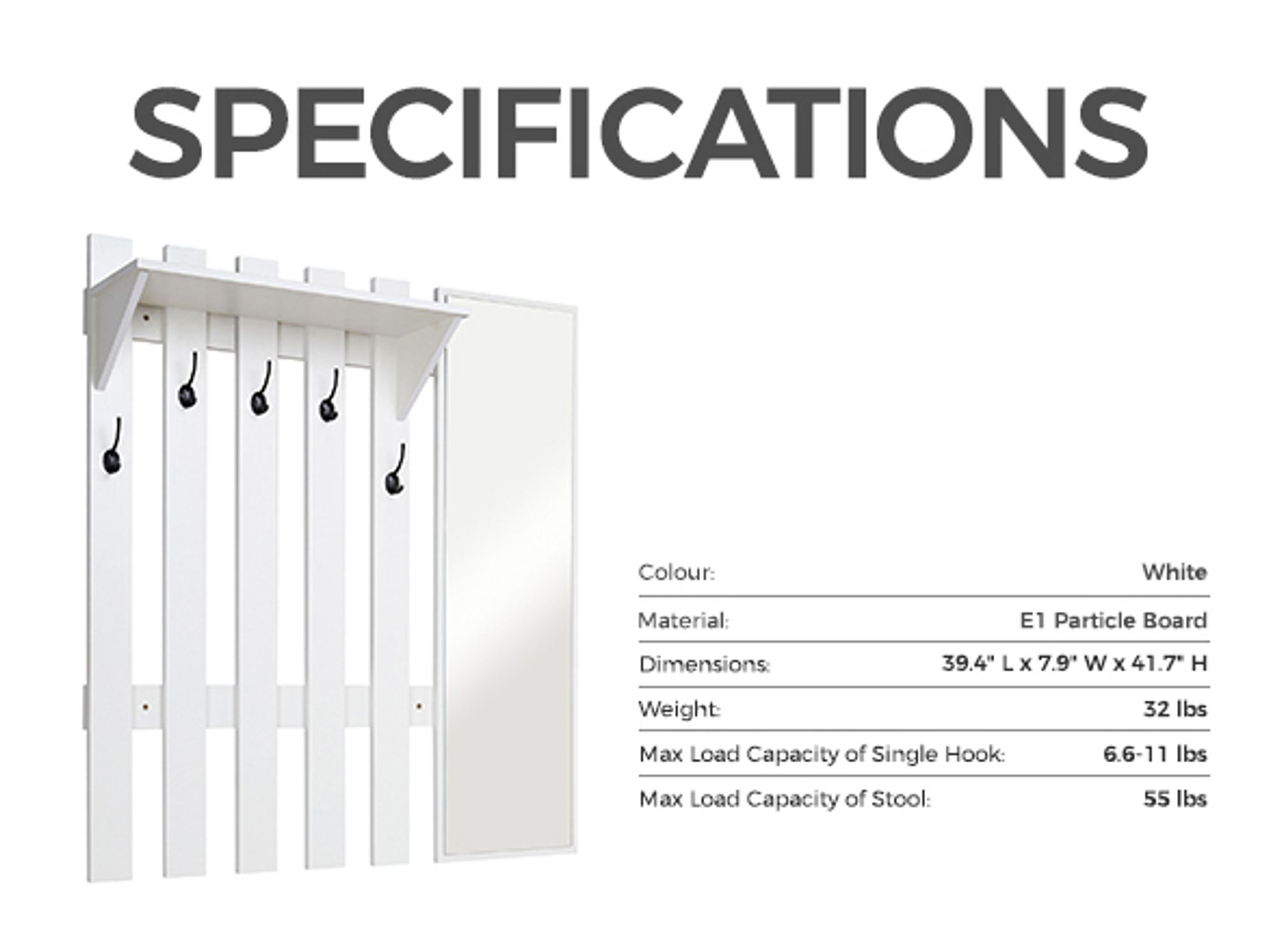Mondeer Garderobe mit Spiegel Wandgarderobe Garderobenpaneel Weiß