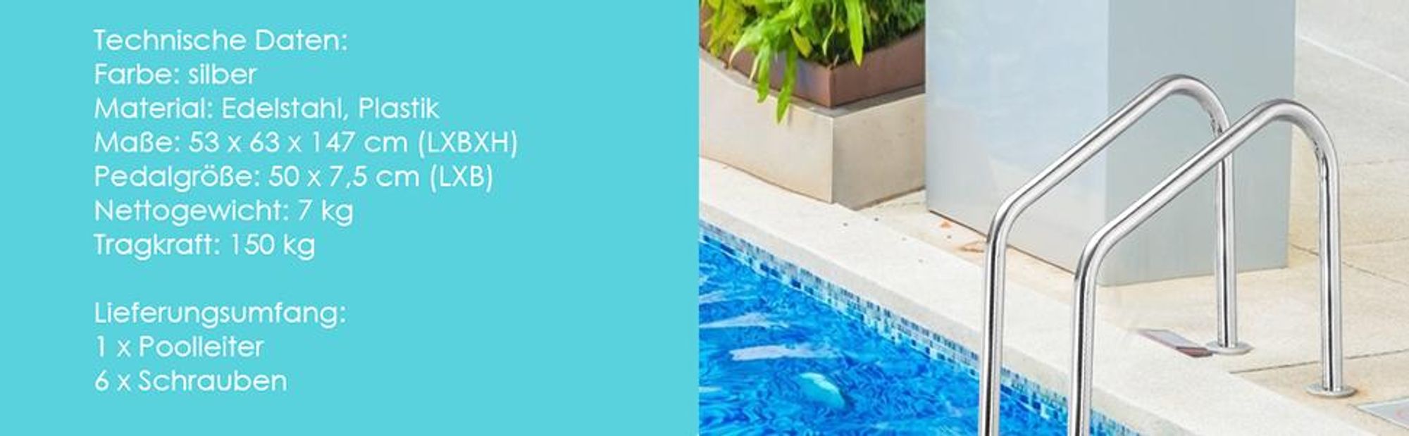 COSTWAY 3 stufiger Edelstahl Poolleiter, Schwimmbad Leiter bis 150kg belastbar, Einstiegsleiter Silber, Schwimmbadleiter rutschfest, Einbauleiter 53 x 63 x 147 cm