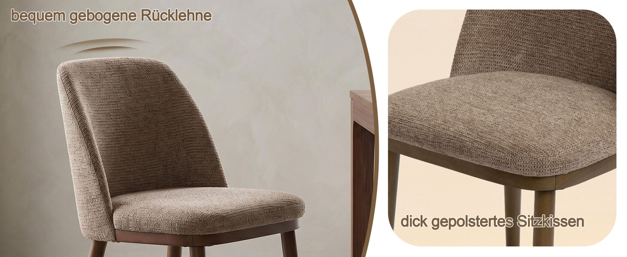Duhome Esszimmerstuhl 2er Set Küchenstuhl aus Leinen und Holz Polsterstuhl mit Gebogene Rückenlehne für Esszimmer Wohnzimmer Restaurant, Kaffeebraun