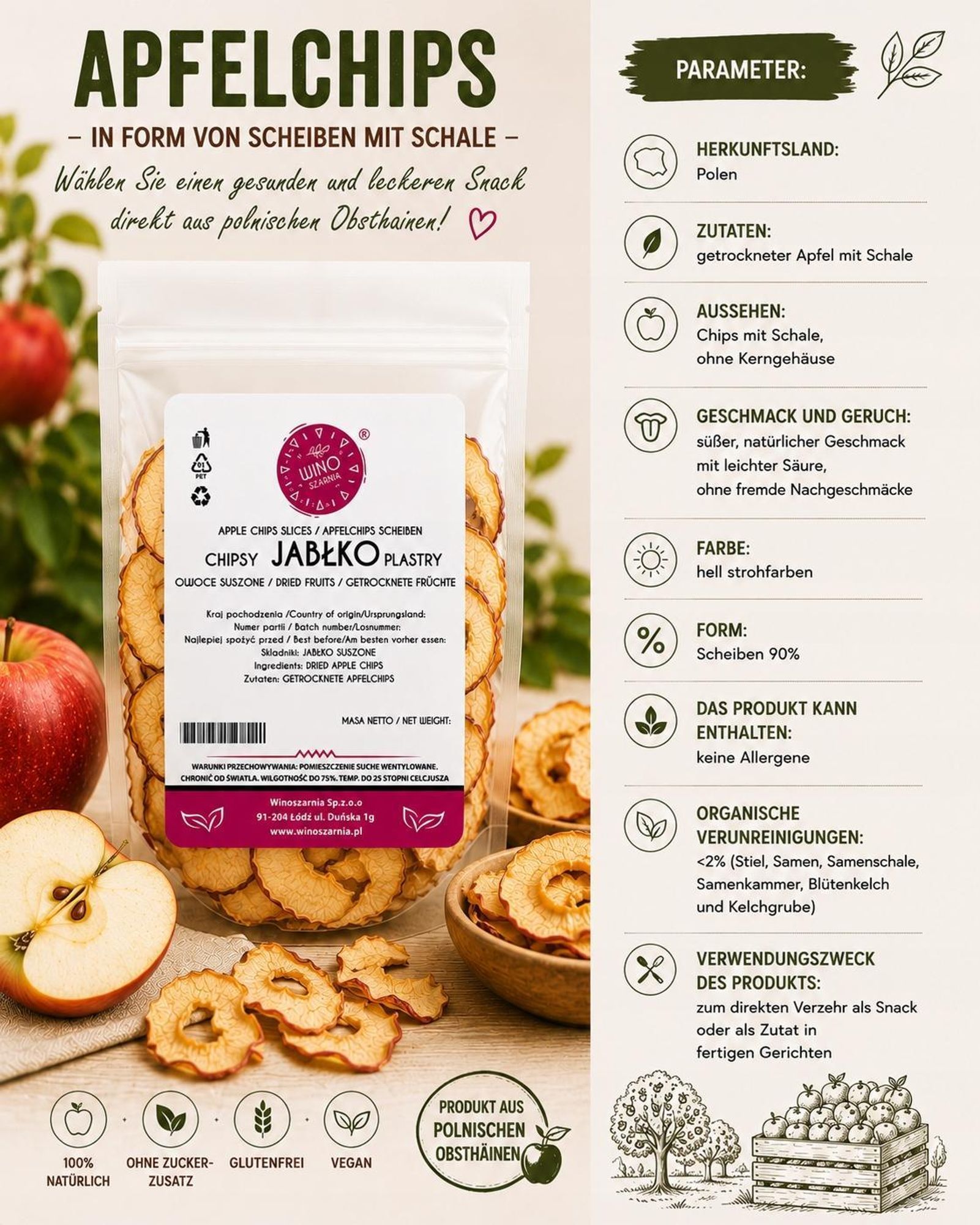 Apfelchips – getrocknete Apfelscheiben, 100 g, aus Äpfeln mit Schale