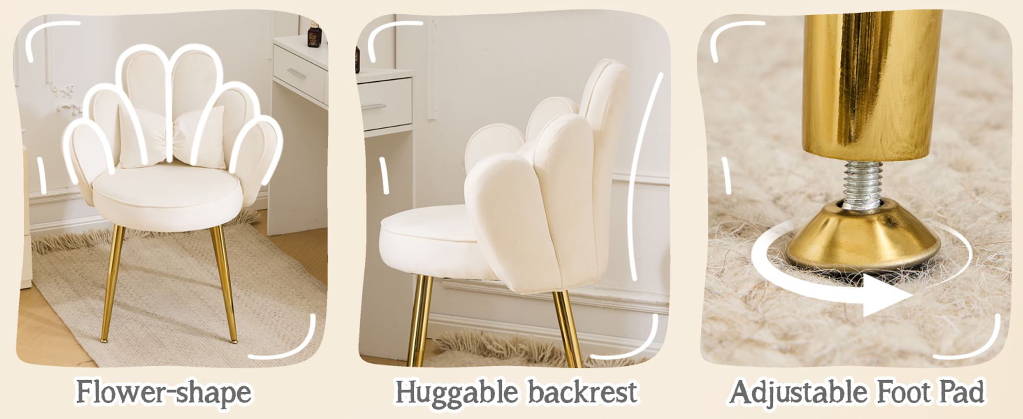 FCH Blumenform-Sessel, Samtbezug, Sessel,Schminktisch Stuhl, Armlehnensessel,  Relaxsessel Lesesessel, Metallbeinen,  Loungesessel,  Wohnzimmer, Weiß