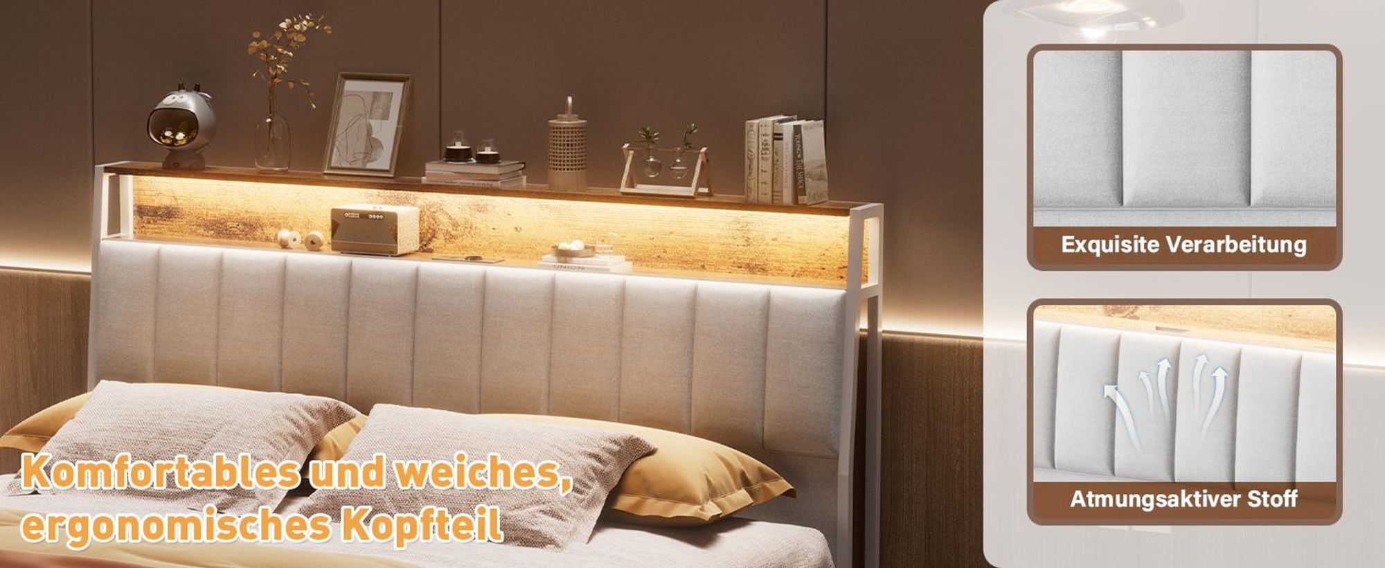 DEWINNER Bettrahmen, 140 x 200, mit Metallgestell, 2-Personen-Bett, mit LED-Beleuchtung und Mehrfachsteckdosen (1 Steckdose, 2 USB-Anschlüsse)