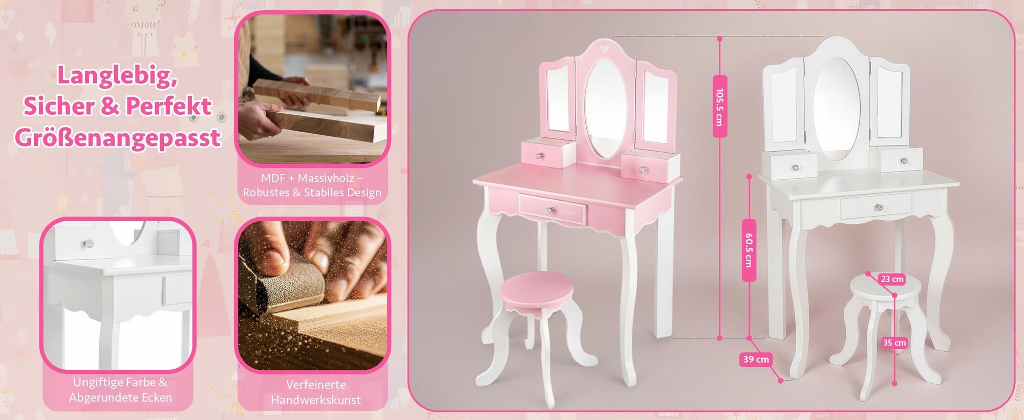 Kinderschminktisch Holz Weiß mit Spiegel & Hocker – Frisiertisch mit 3 Schubladen, Aufklebern & Tattoos, für Mädchen ab 3 Jahren, 60x39x105,5 cm