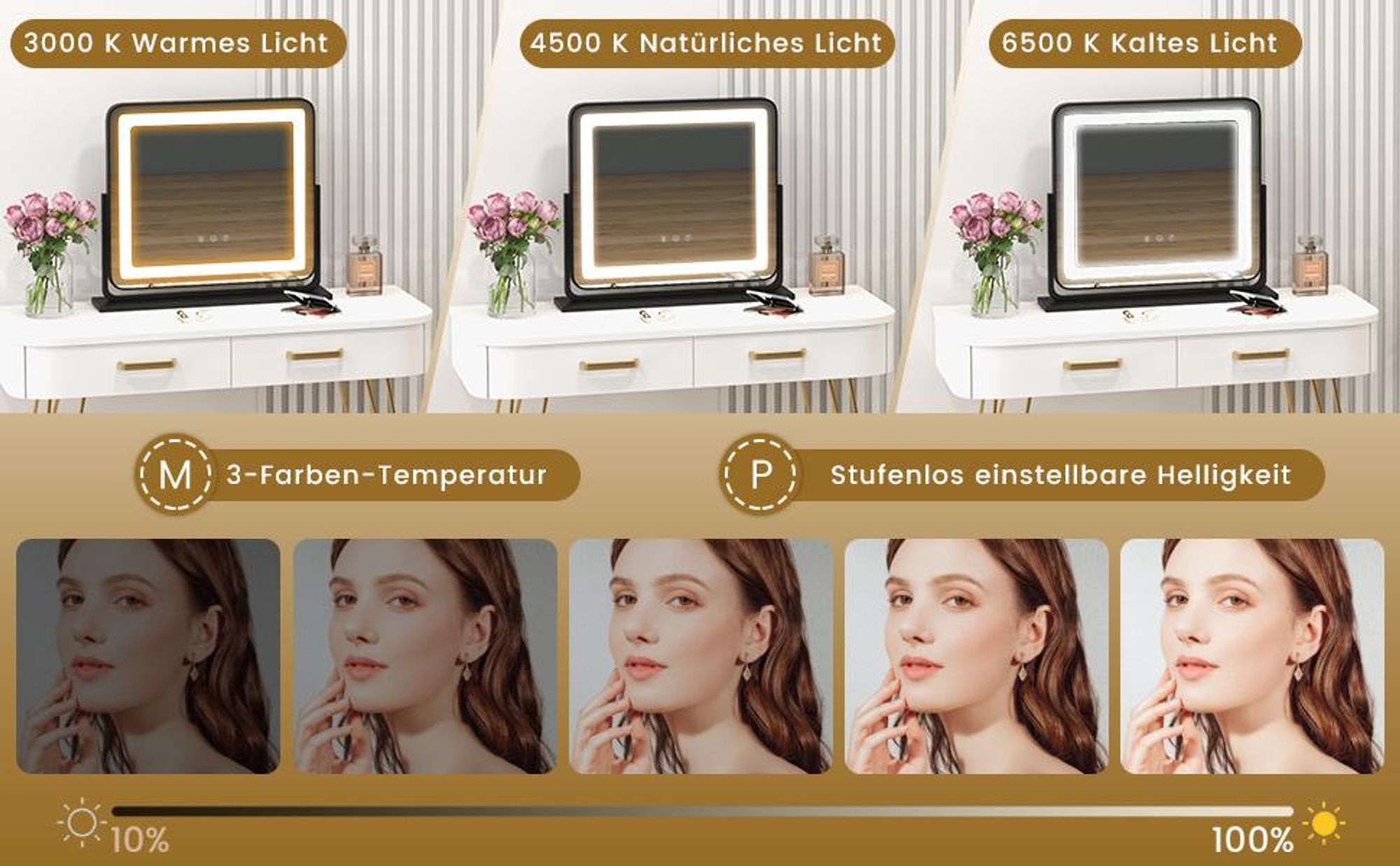 COSTWAY Schminkspiegel mit 3 Lichtfarben, Hollywood Spiegel mit 5X Vergrößerung, Beleuchtung, Einstellbarer Helligkeit, 360° drehbarer Make-up-Spiegel, Touch Steuerung Kosmetikspiegel