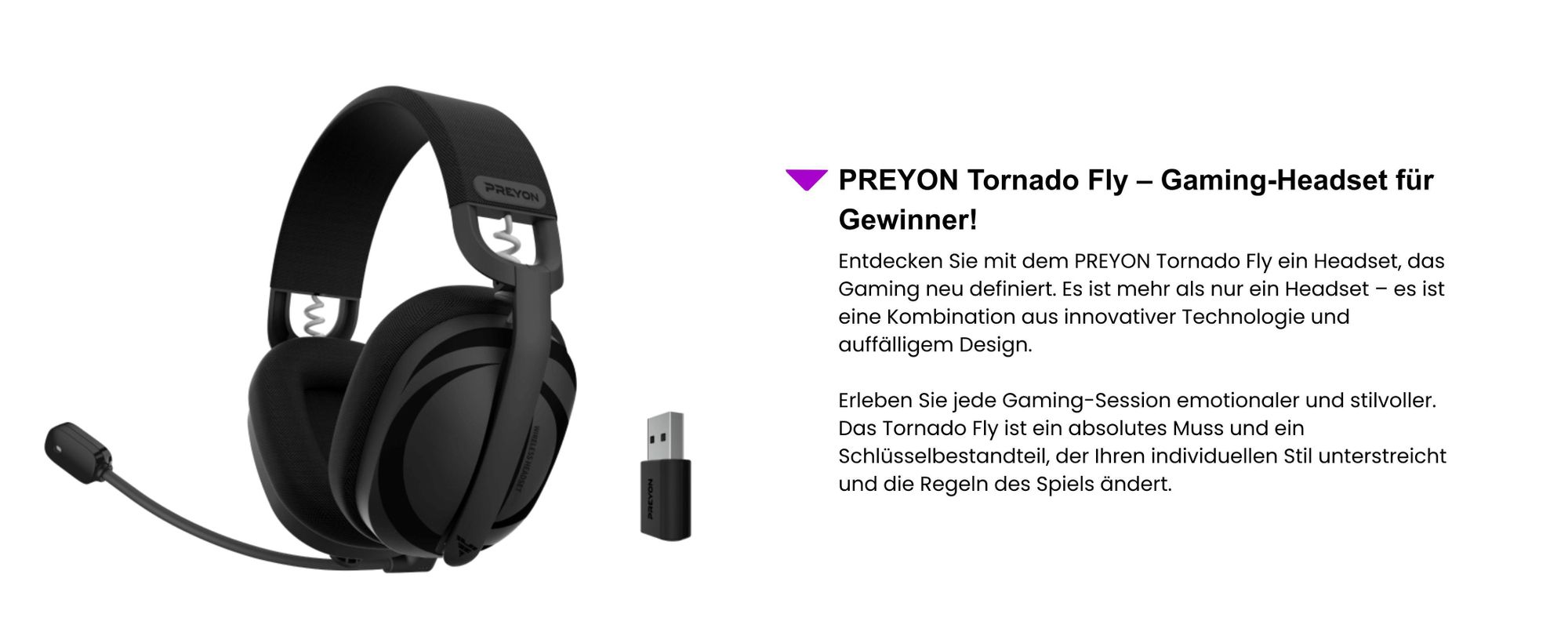 PREYON Tornado Fly | Over Ear Headphones | Gaming-Kopfhörer PTF40B, Bluetooth 5.2, Wireless 2.4 GHz, ENC Noise Canceling, Surround 7.1, Schwarz